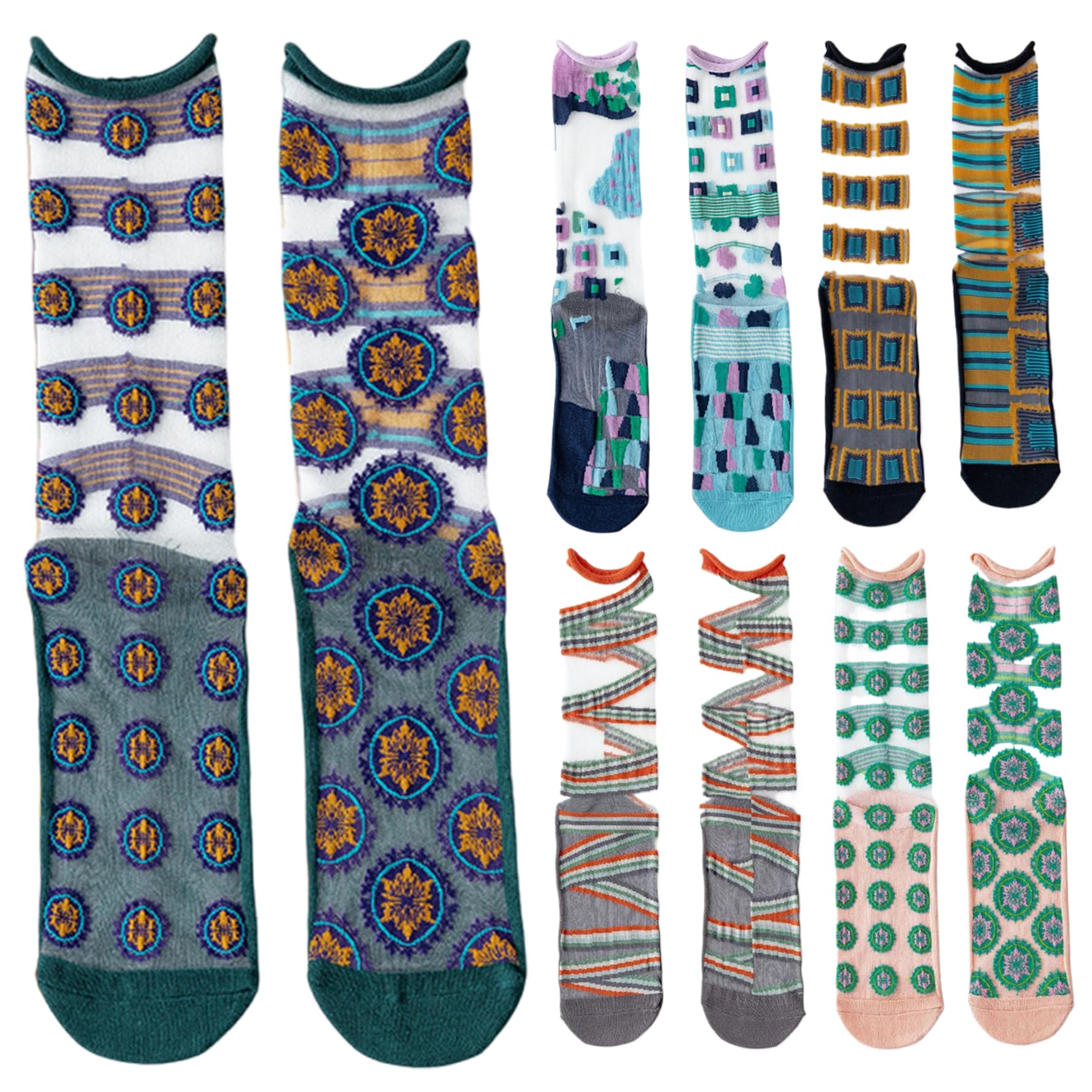 SHITOOMFE Sheer Socks Women Ankle, 5 Pairs Women's Crystal Glass Transparent Summer Socks, Thin Mesh Lace Jacquard Elastic Hosiery, Printed Clear for Comfort and Style, Sheer