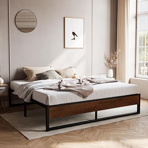 Miniatura 18 de SHA CERLIN Marco de cama de plataforma de metal de tamaño individual de 14 pulgadas con madera rústica y agujeros inversos/amplio espacio de