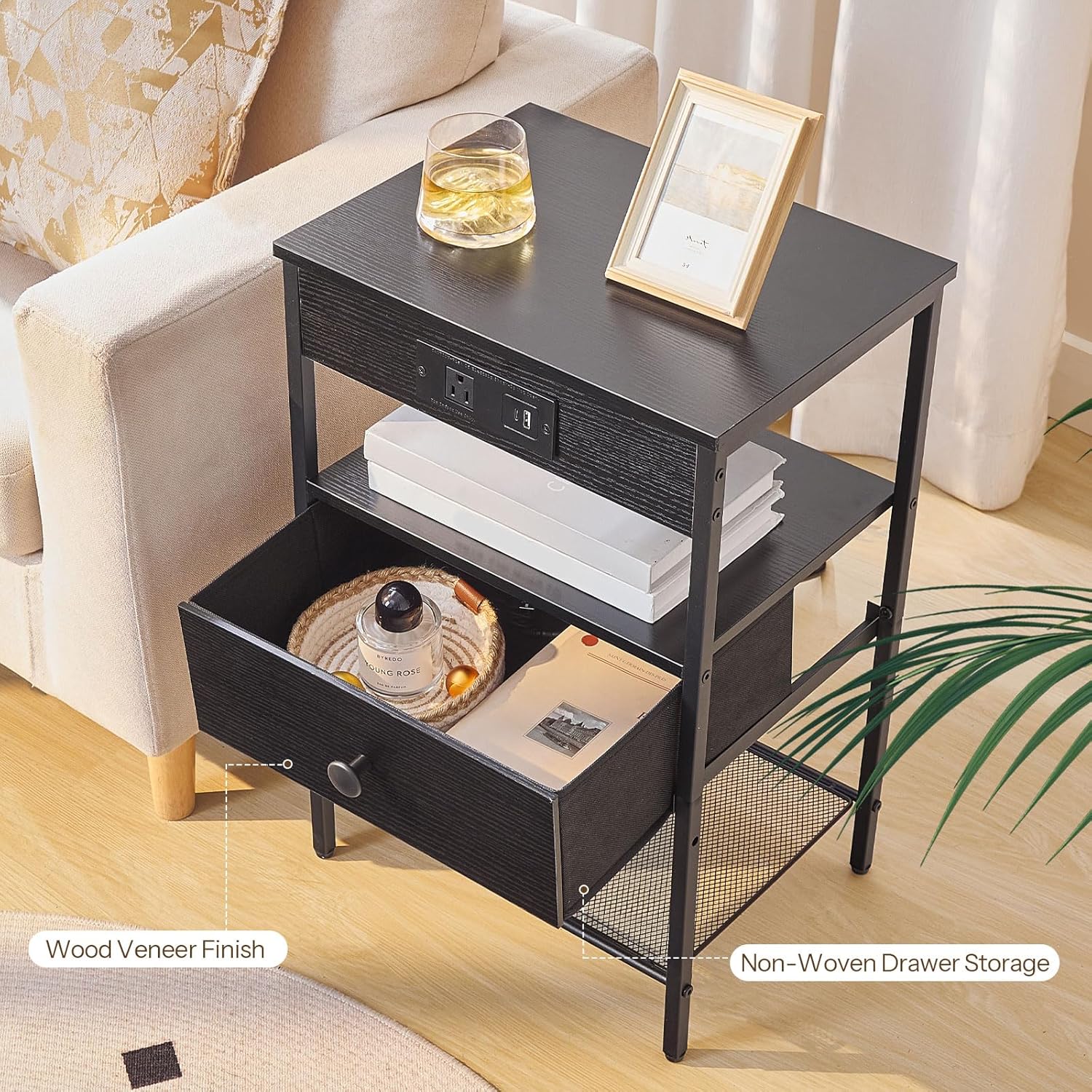 HOOBRO Nightstand with Charging Station and LED End Table Bundles, Bedside Table with LED Lights and Fabric Drawers, Small Night Stand for Bedroom BB118UDBZ01-BB209UDBZ01