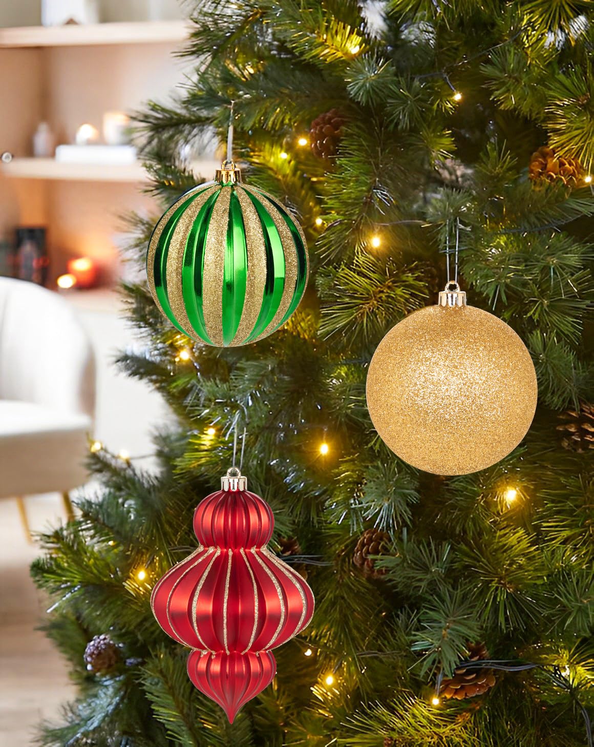 Weihnachtskugel-Ornament-Set, 10,2 cm, groß, bruchsicher, Kunststoff, Christbaumkugel, hängende Ornamente für Weihnachtsbaum, Hochzeit, Party, Urlaub, Dekorationen, Rot, Grün, Gold, 12 Stück