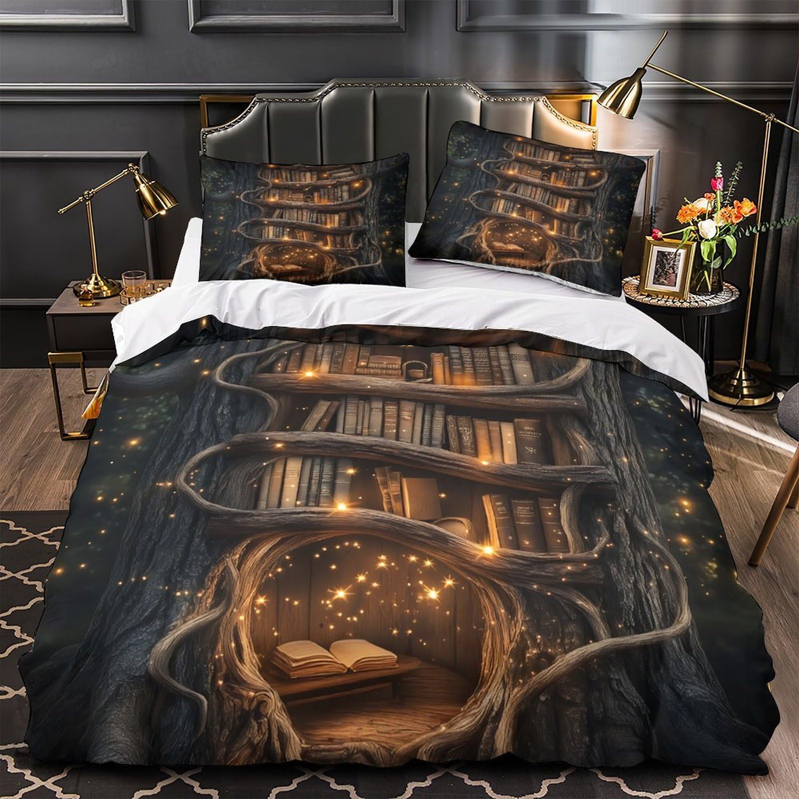 MMDASBVPE Magical Tree Library Quilt Cover 3D Print Premium 3 Pieces Bed Set Hidden Zipper Duvet Cover Extra Soft Wrinkle-Resistant for Adults Kids Teens Women Youth Teenagers Double（200x200cm）