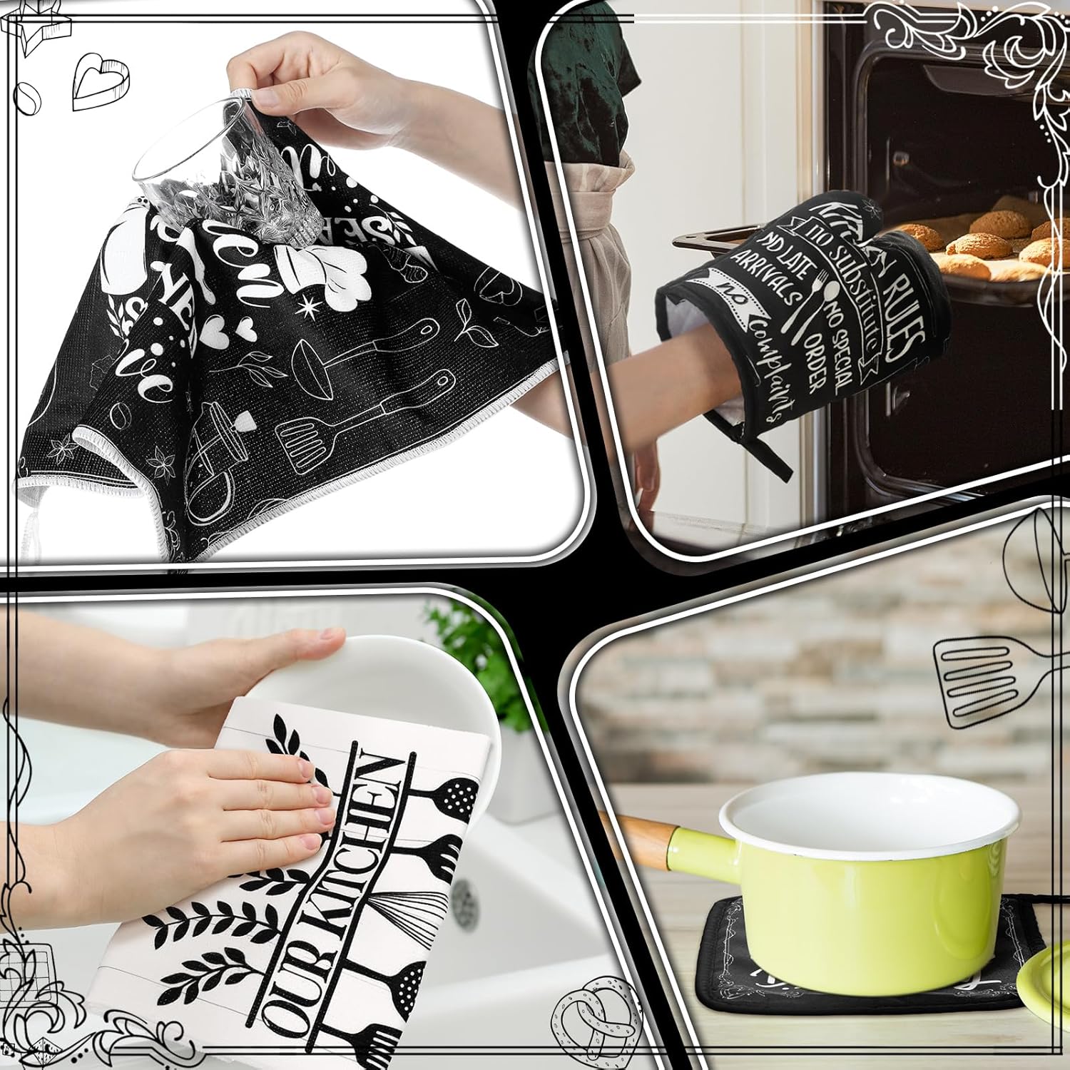 Leinuosen 6 Kitchen Towels Sets Kitchen Accessories Set with Oven Mitts and Pot Holders Farmhouse Oven Glove Decor for Cooking Baking Grilling Supplies(Vintage Black and White,Cute) - Image 6