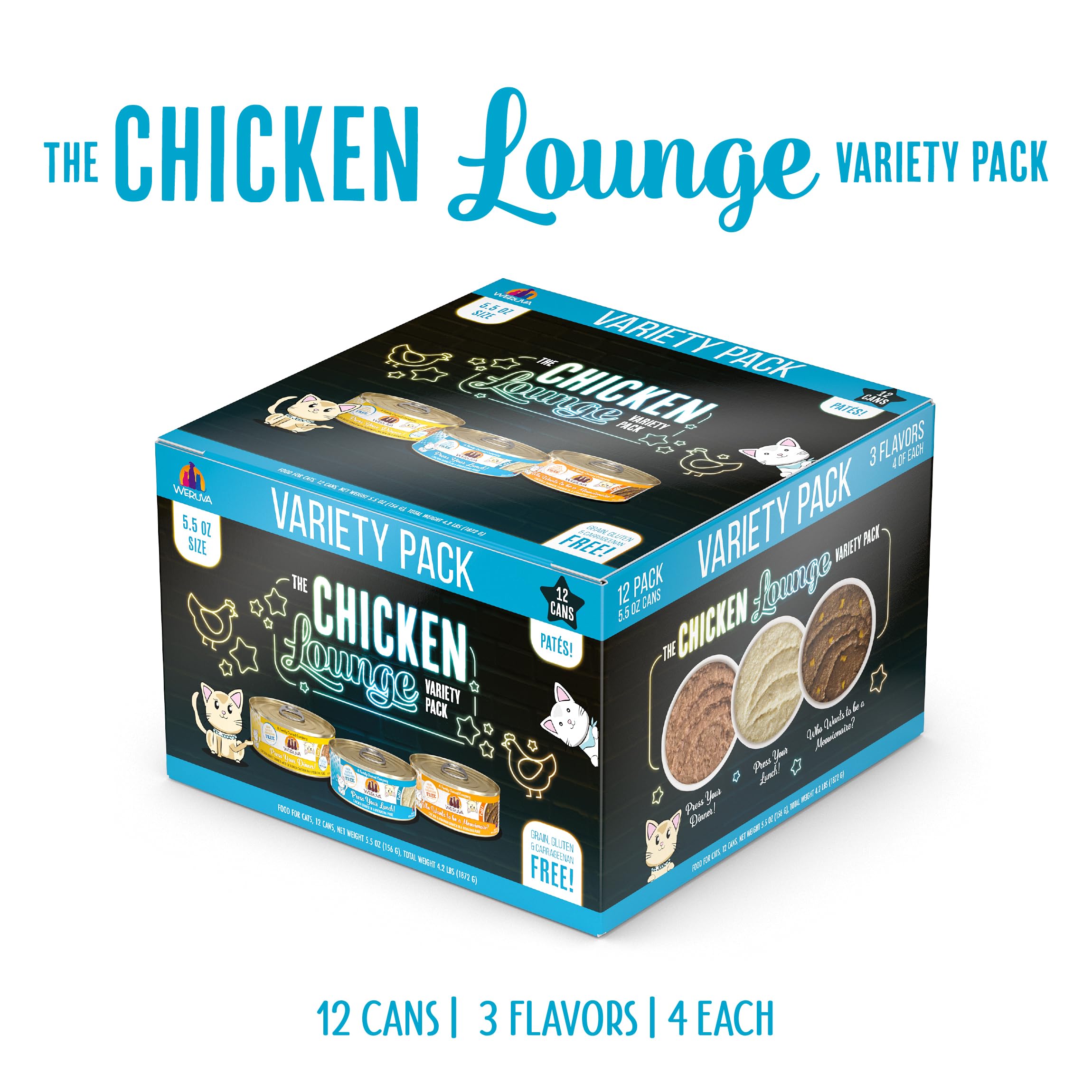 Weruva Wet Cat Food, The Chicken Lounge Paté Variety Pack, 5.5oz Can, Pack of 12