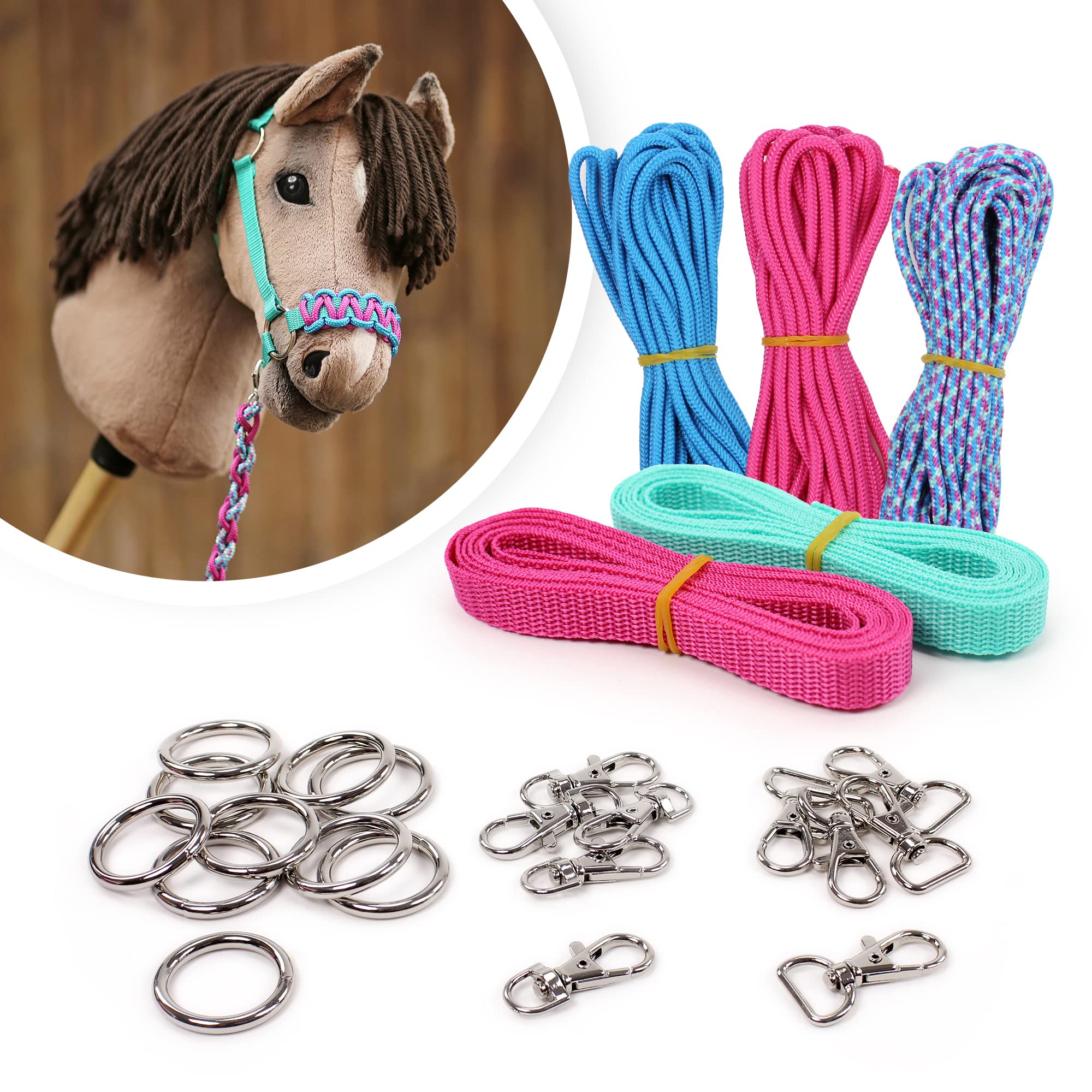 kullaloo Hobby Horse Halfter Materialset zum Basteln von Halftern und Führstricken für Steckenpferde (Anleitung separat erhältlich) – aqua/pink