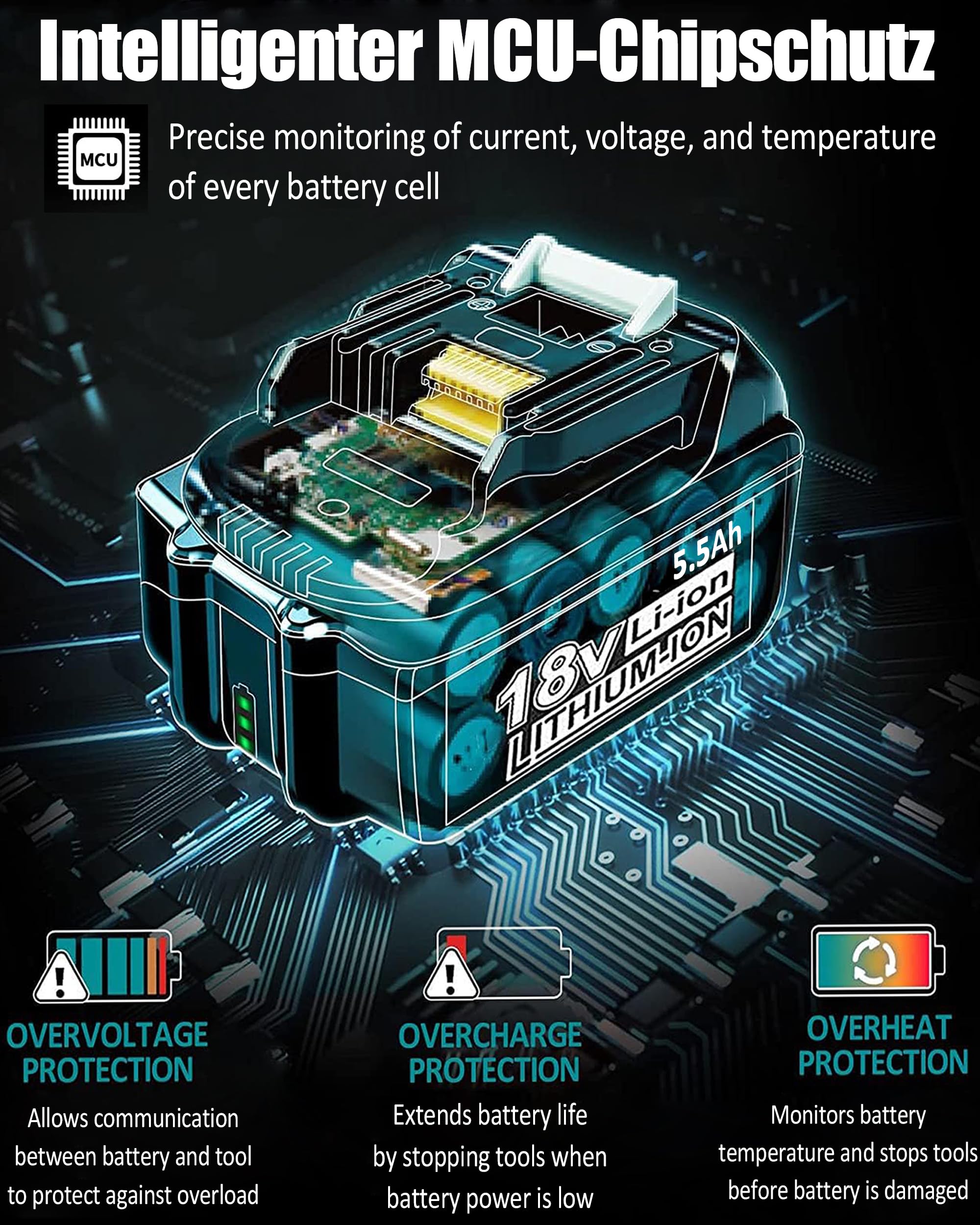 2X 18V 5.5Ah/5500mAh Ersatzakku für makita Kompatibel BL1860B BL1850B BL1840 BL1830 BL1815 BL1845 BL1890 BL1415 BL1430 BL1440 BL1835 194205-3 LXT-400 with LED Werkzeugakku.