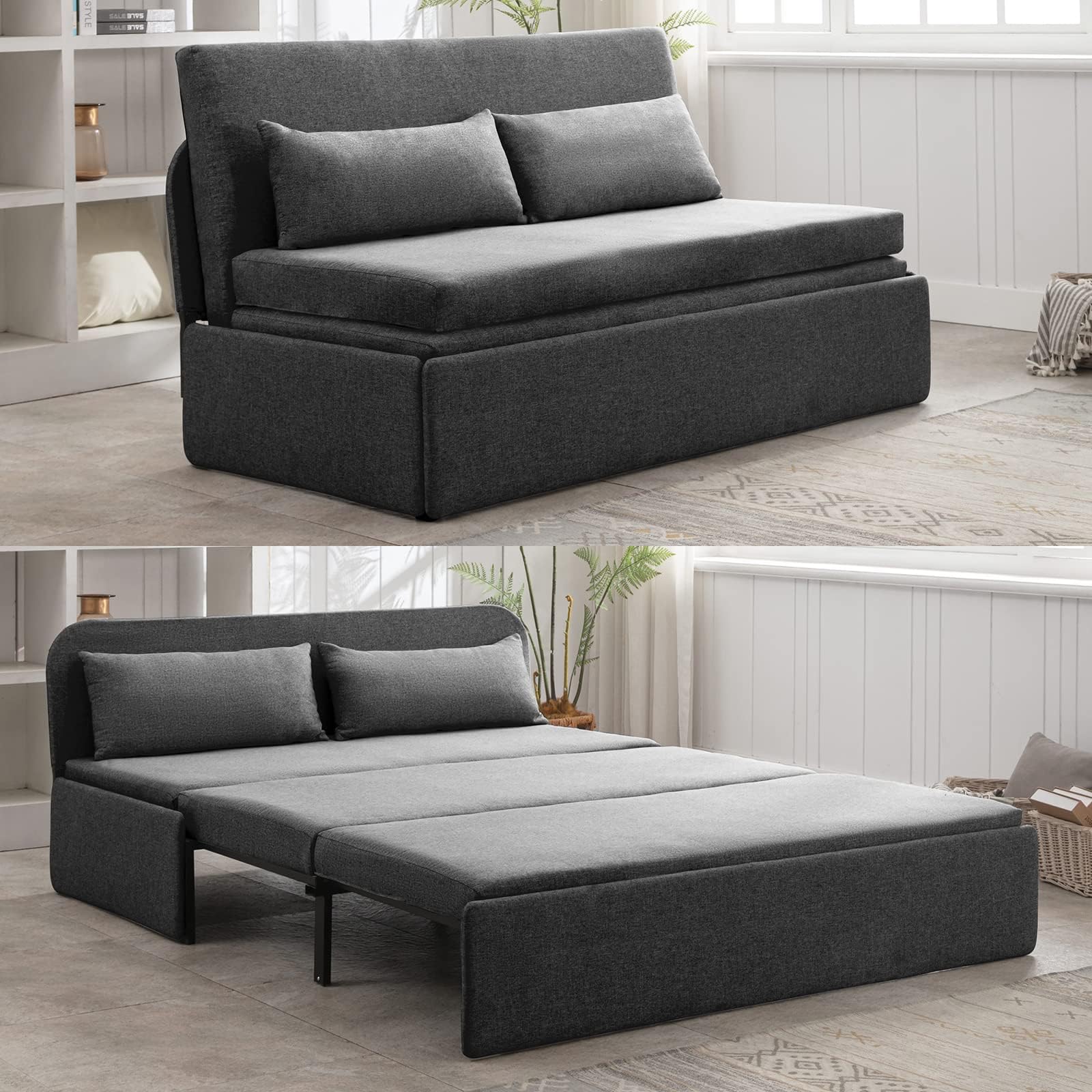BALUS 61" Queen Sofa Bed Couch Convertible Sleeper with Pullout Beds, Folding Sofabed Guest Bed with 2 Pillows, Tri-fold Mattress Sofas Armless Loveseat for Living Room Apartment Loft - Dark Gray