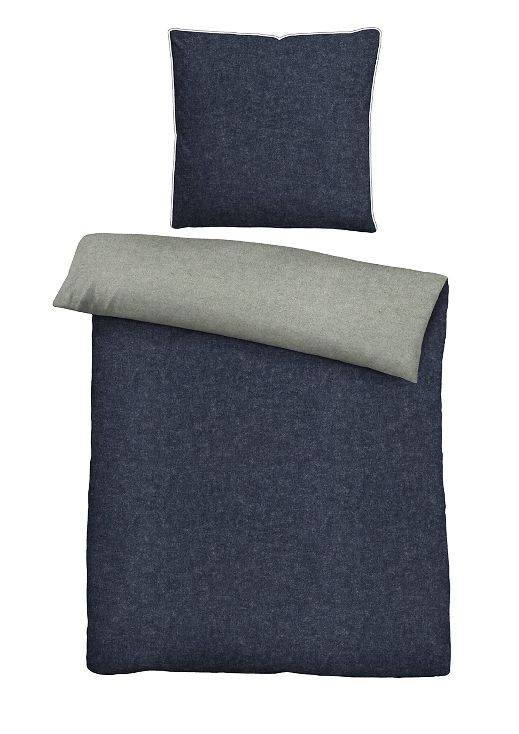 biberna Melange-Flanell Bettwäsche 200x200 cm, 3-teilig mit 2X Kissenbezug 80x80 cm, 100% Baumwolle, Biber, mit Paspel, wärmend & weich, Reißverschluss, Winterbettwäsche, Uni, blau, Modell 0840500