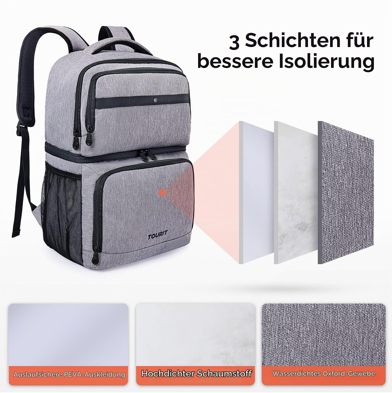 TOURIT Kühltasche Rucksack mit Doppeldecker 27L 26 Dosen Großer Wasserdichter Isolierter Kühltasche Strand für Camping Picknick Wandern Reisen Grau Sport & Freizeit