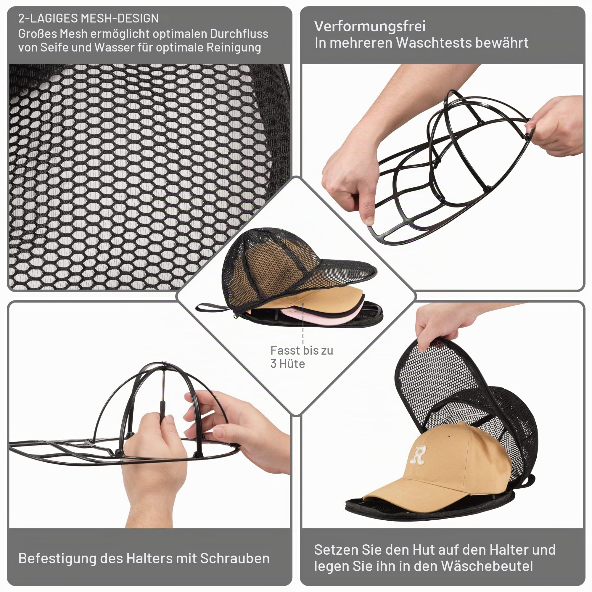 Cap Washer für Baseballmützen, Faltbarer Hut-Unterlegscheibe für Waschmaschine oder Geschirrspüler, Baseball Cap Waschgestell Form für Erwachsene und Kinder, 2 Stück, Schwarz