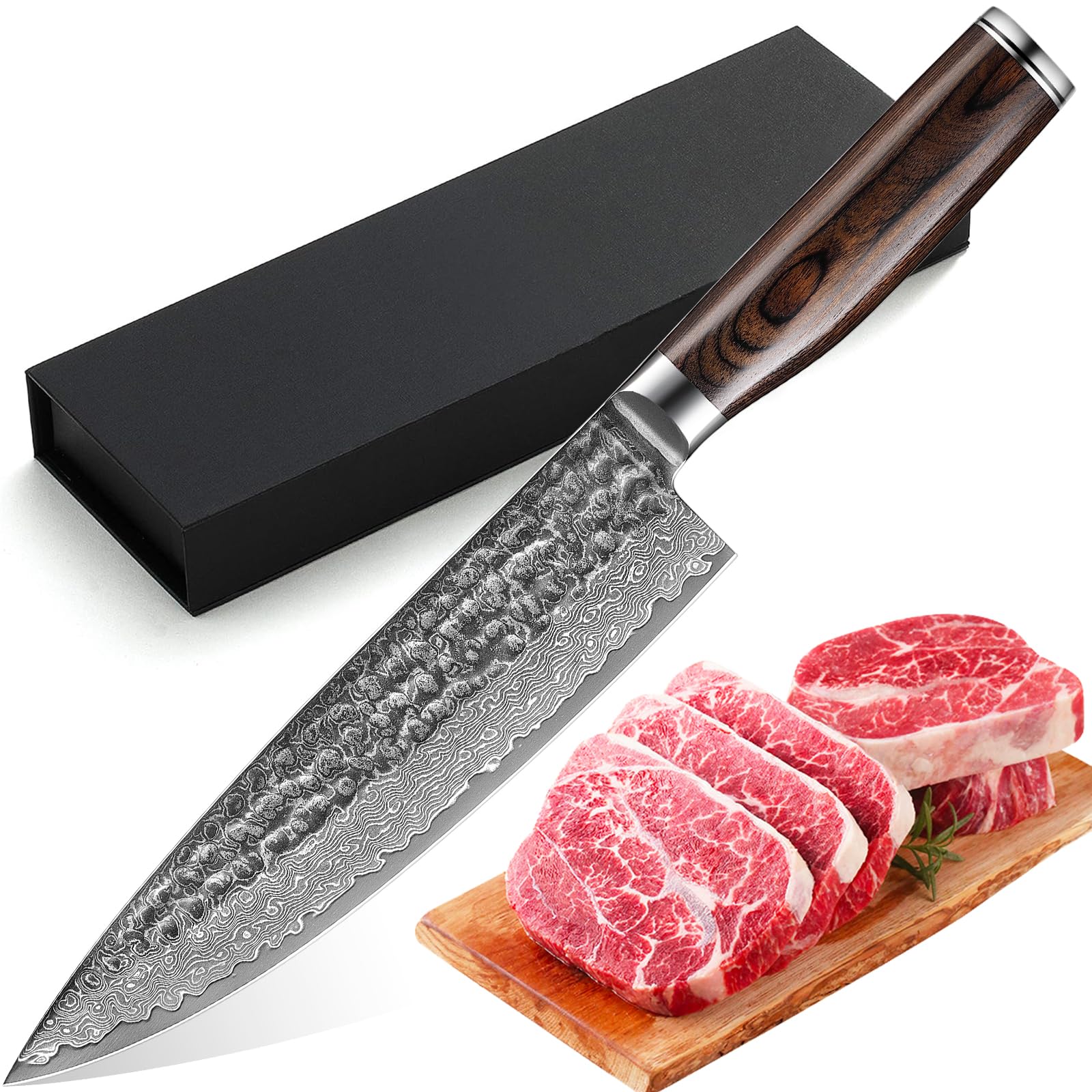 Utaki 両刃牛刀包丁 肉切料理包丁 槌目白波刃紋の59層ダマスカス（VG-10鋼芯） 6.8寸両刃牛刀・206mm ブラウン色強化積層木柄