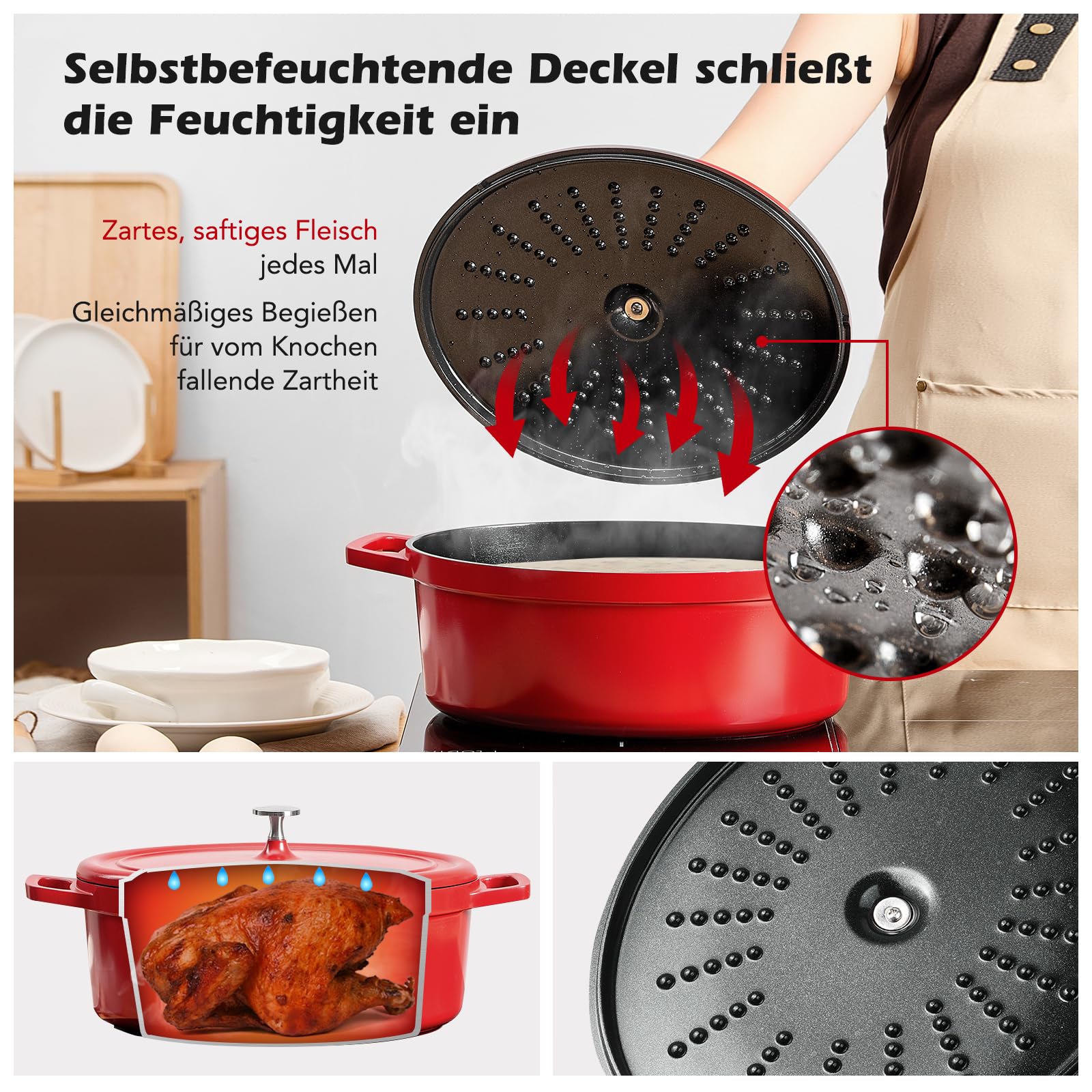 Bräter Oval mit Deckel groß Schmortopf Induktion 38 cm 11 L Brot Backen Dutch Oven Stil, leichter als Gusseisen Topf, Aluguss mit Keramik-antihaftbeschichtung, für Schmoren Braten, Rot