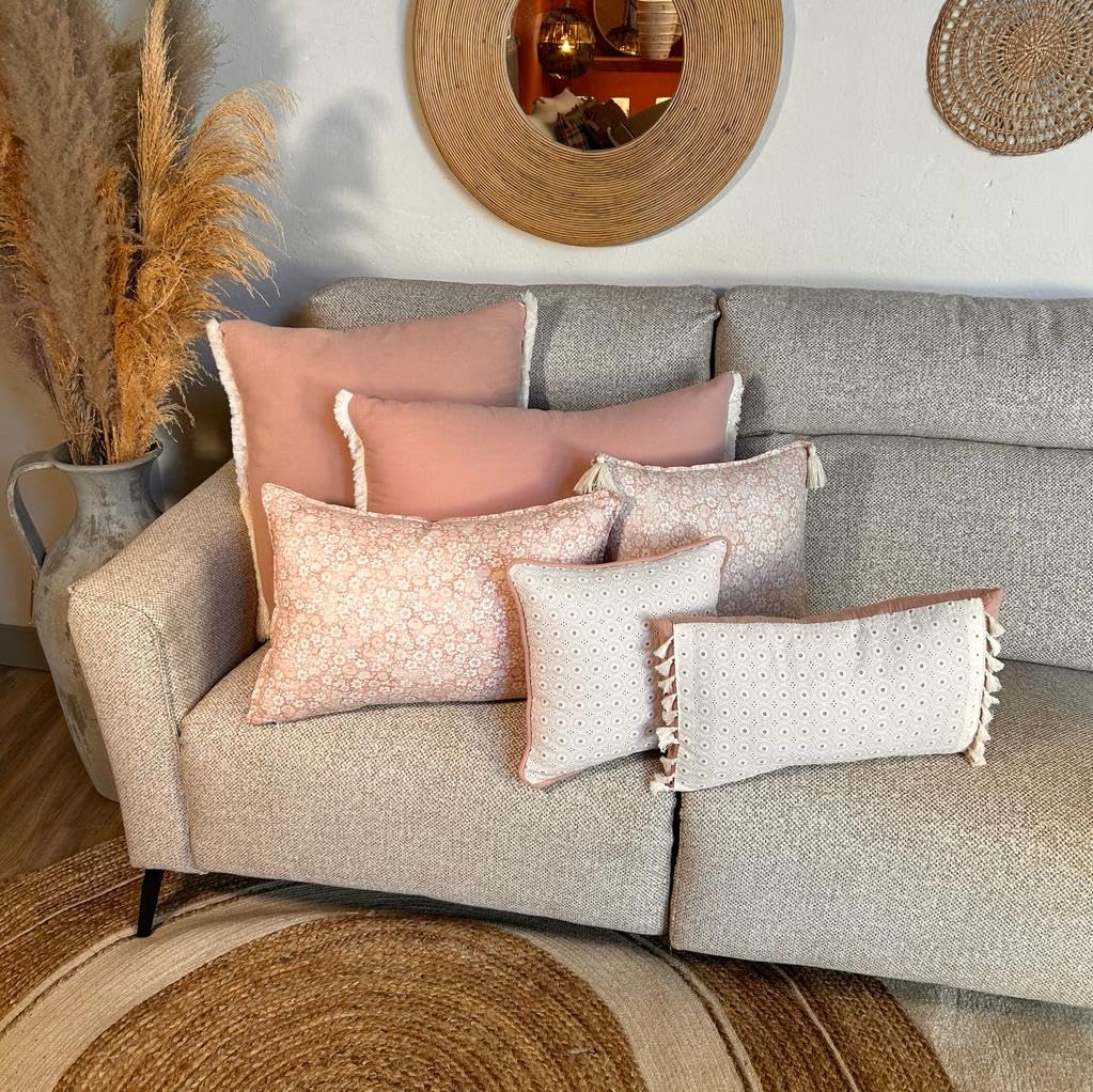 TAPIDECOR | Pack 2 Fundas + 2 Rellenos de Cojín | Modelo 4 Borlas | Decoración Hogar | Cojin para Dormitorio, Sofá, Salón, Terraza | Diseño Moderno y Elegante | Tejido Flor Liberty Nude | 45x45cm