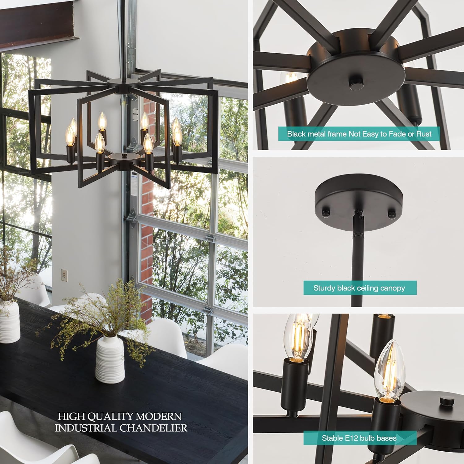 Modern Farmhouse Black Chandeliers for Dining Room, 8-Light Industrial Metal Chandeliers Geometric Pendant Lights Kitchen Island for Entryway Stairway Foyer Hallway
