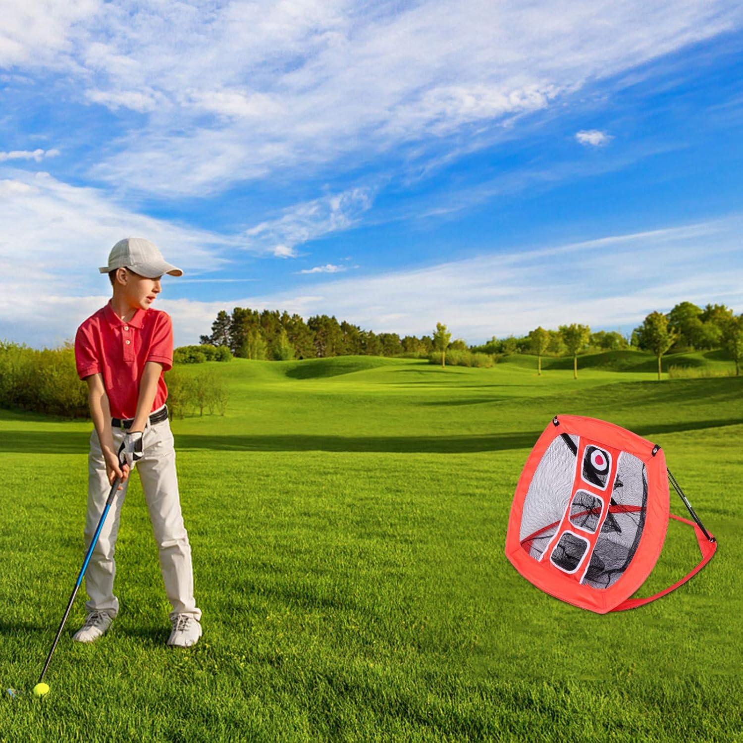 Golf Practice Net Set Portable Hitting Mat Indoor Training Equipment Includes Mini Hitting Pad for Chipping and Driving