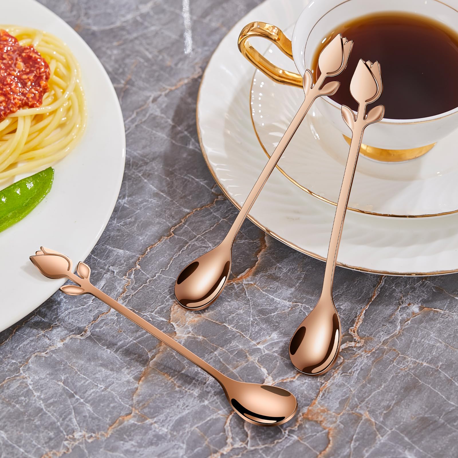 Juego de 12 mini cucharas de café con mango de tulipán de oro rosa, acero inoxidable de 6 pulgadas para espresso, té, postre, ideal para demitasse y porciones pequeñas