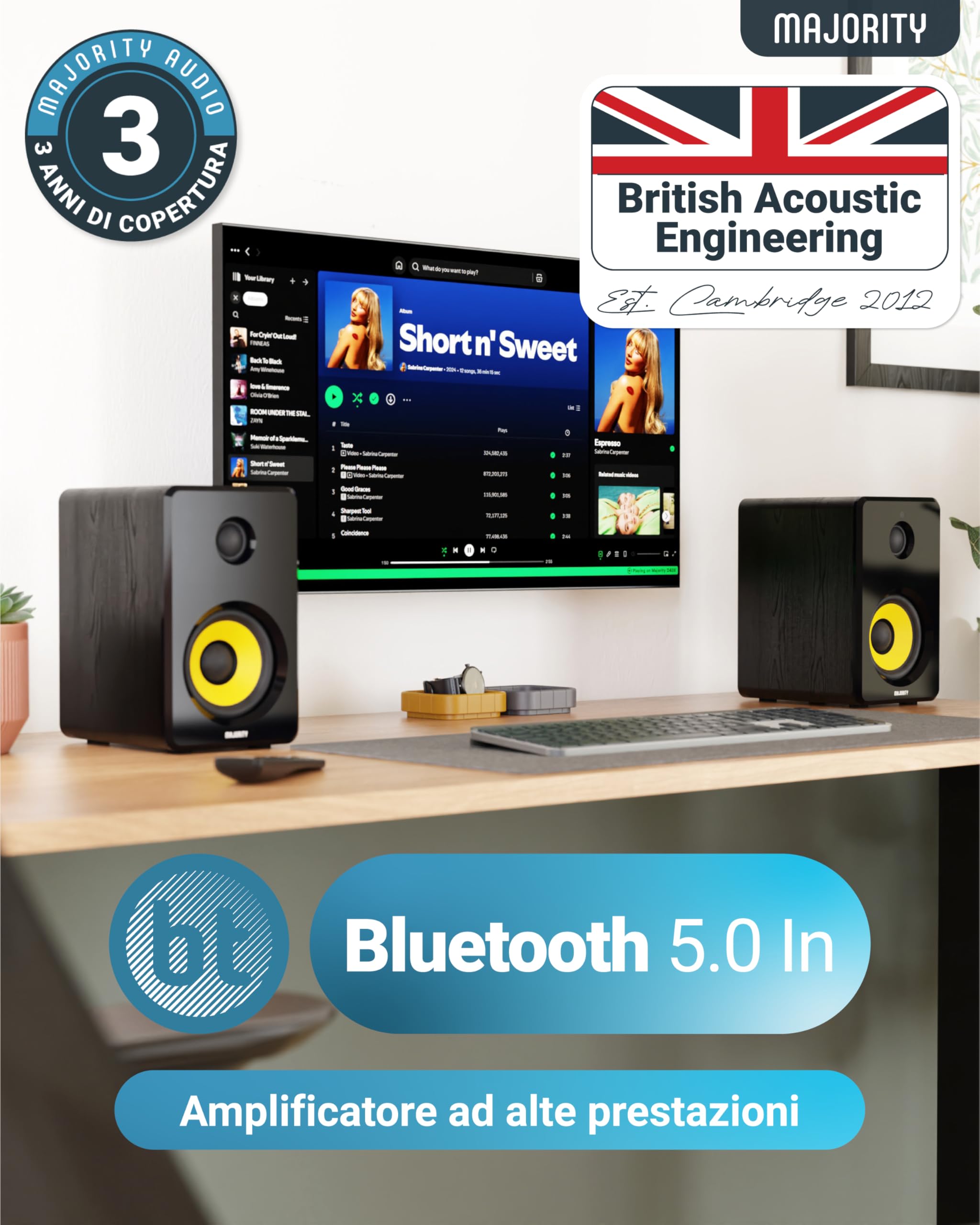 Majority D40X 70W PC Bluetooth Amplificate Attive Casse con Bluetooth | Casse Monitor Studio | Cono Dell'altoparlante Giallo in Kevlar e Cabinet in Legno | Ottico, USB e AUX D40X Audio Bluetooth