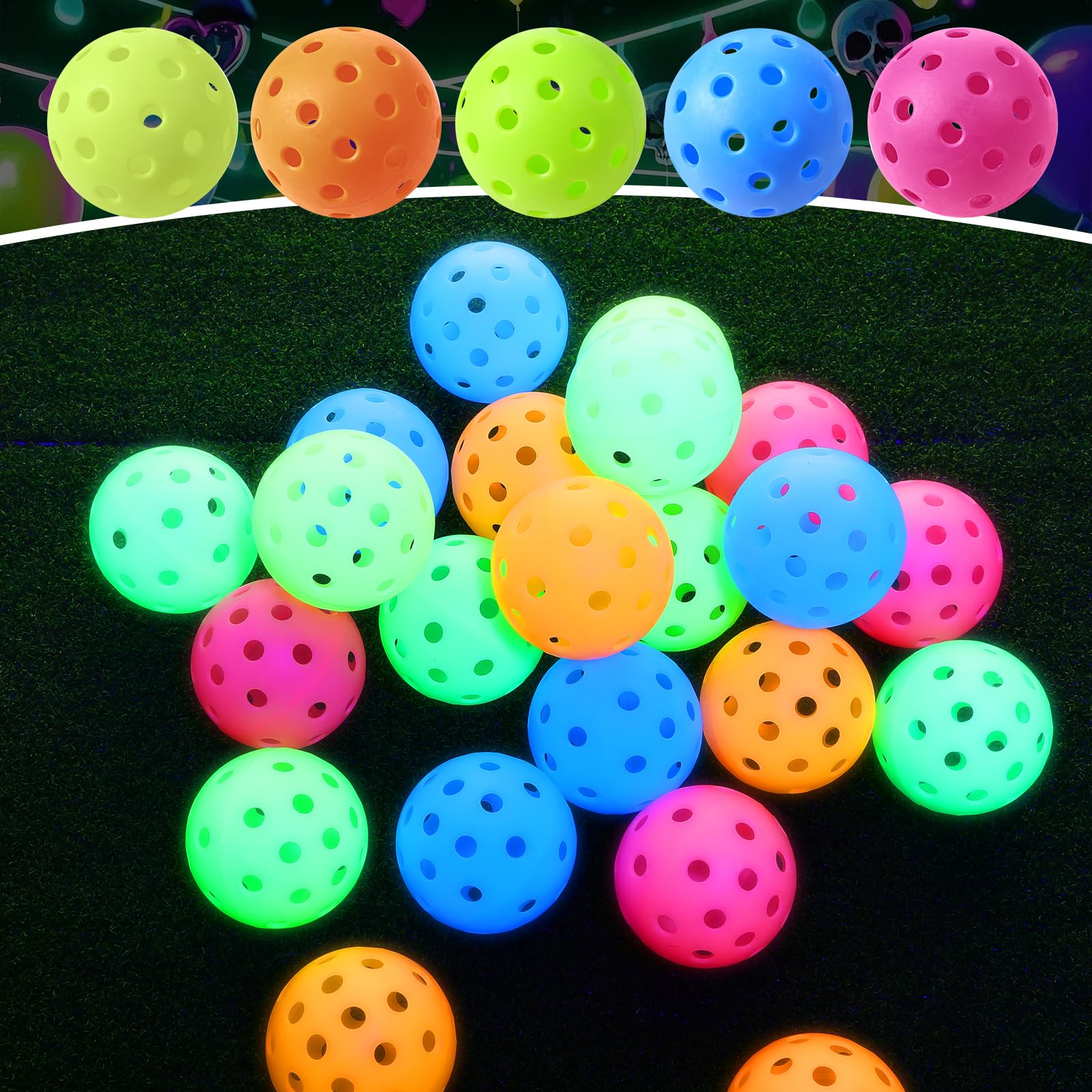 Tradder 30 Stück leuchtende Baseballbälle aus Kunststoff, 40 Löcher, mehrfarbig, leuchtet im Dunkeln, Golfbälle für Outdoor, Indoor-Turnier, Spieltraining für alle Paddelstile, 7,4 cm