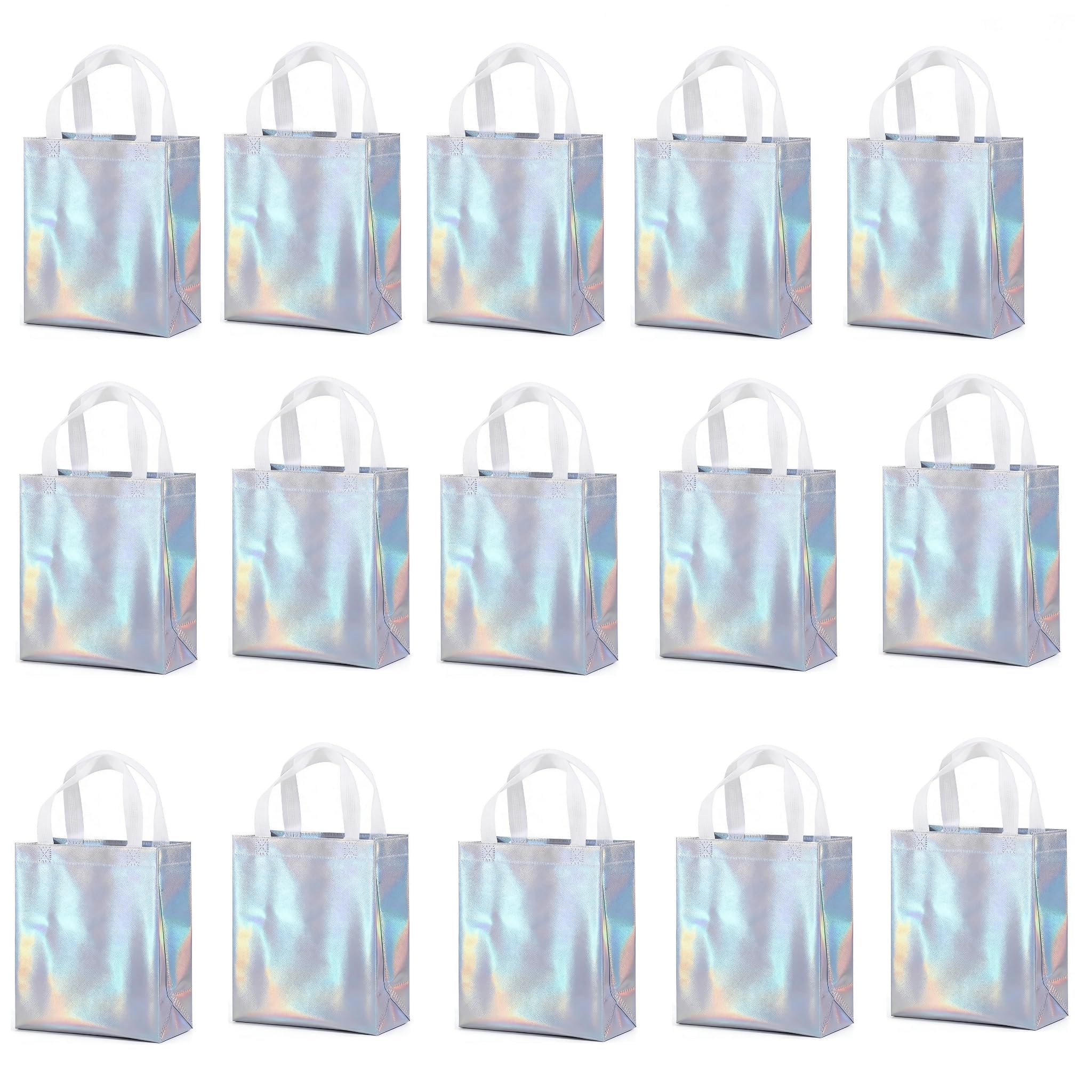 15 Pcs Iridescent Glossy Gift Bags Medium Size, 8x4x10 Inch Reusable Gift Bags with Handles,for Birthday, Wedding, Bachelorette, Party Favors