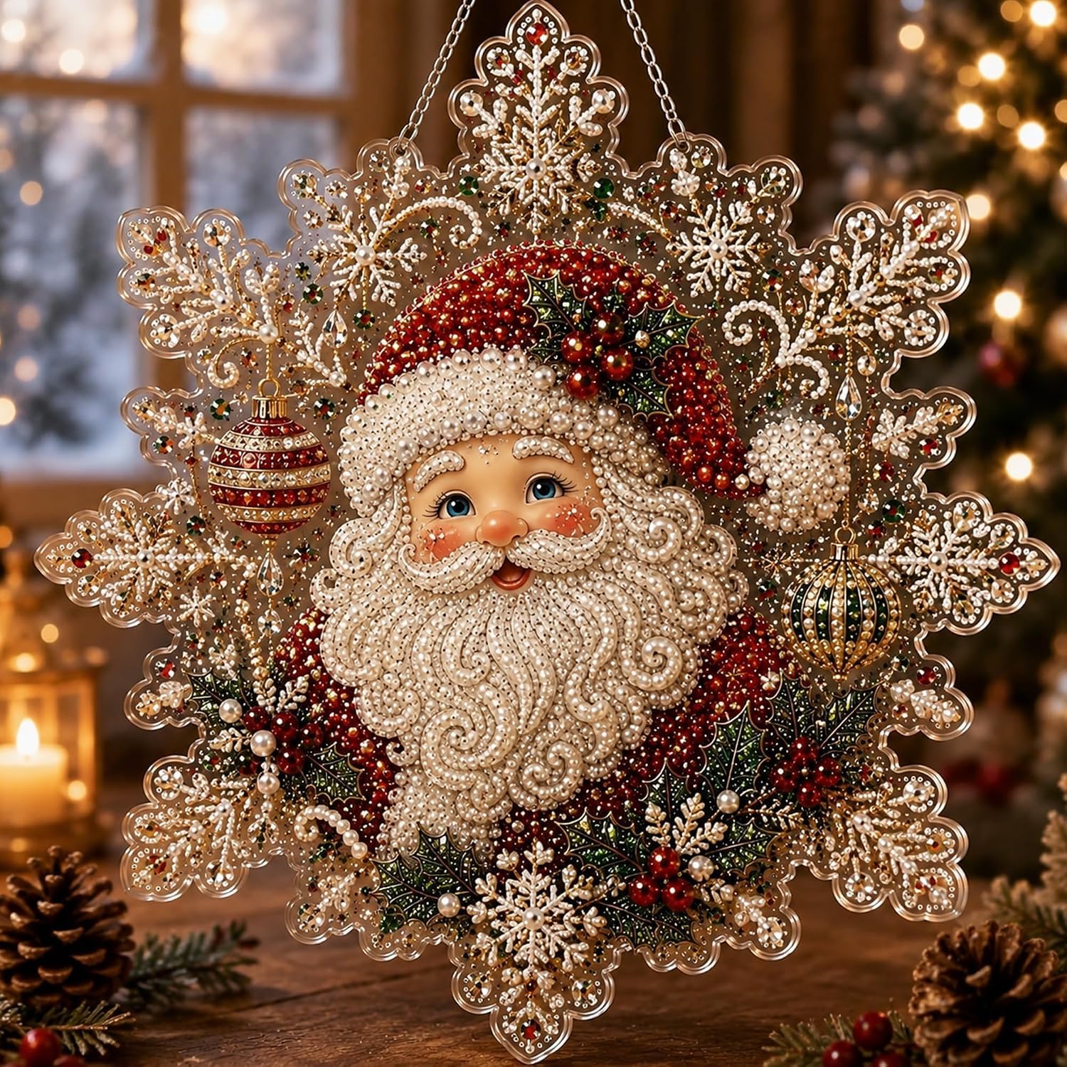 Christmas Diamond Art Kits for Adults, Pearl Diamond Painting Suncatcher Kit DIY Craft 3D Pre-Assembled Metal Chain Acrylic Snowflake Shape Board with Lace Edge Mixed-Sized Pearl Beads Craft