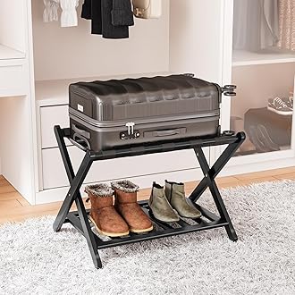 Fully Assembled Black Luggage Rack, Suitcase Stand with Shoe Shelf, Folding Wooden Luggage Stand for Guest Room, Bedroom, Hotel