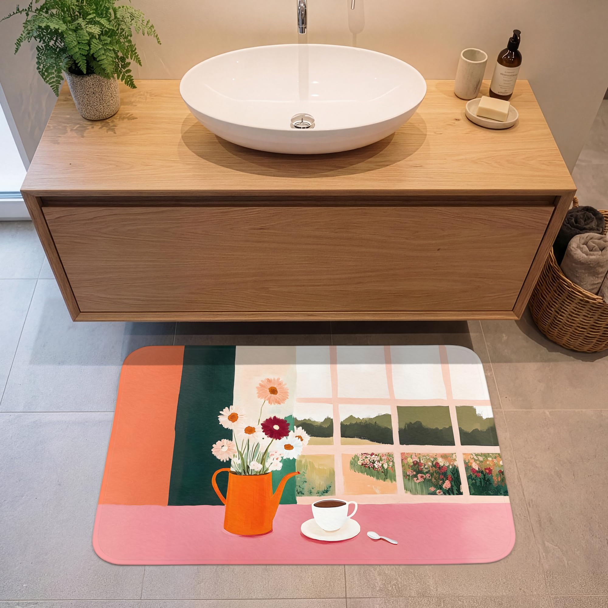 Alfombra De Baño Rectangular 90x60 cm Bathroom Bath Mat Lavable Tapete Antideslizante Alfombras Ducha Decoracion Alfombrilla Flores - Café - Ventana