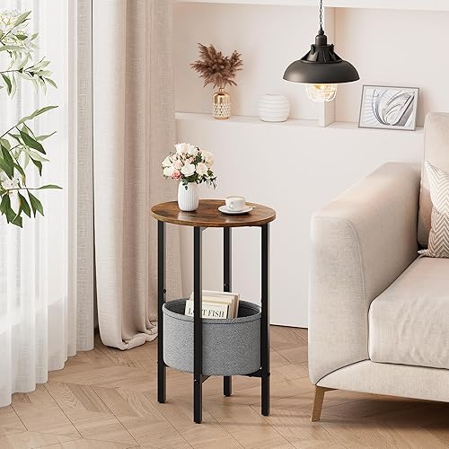 Miniatura 2 de Vagusicc Mesa auxiliar redonda con cesta de almacenamiento, mesa auxiliar pequeña para espacios pequeños, mesa auxiliar alta ovalada con marco de
