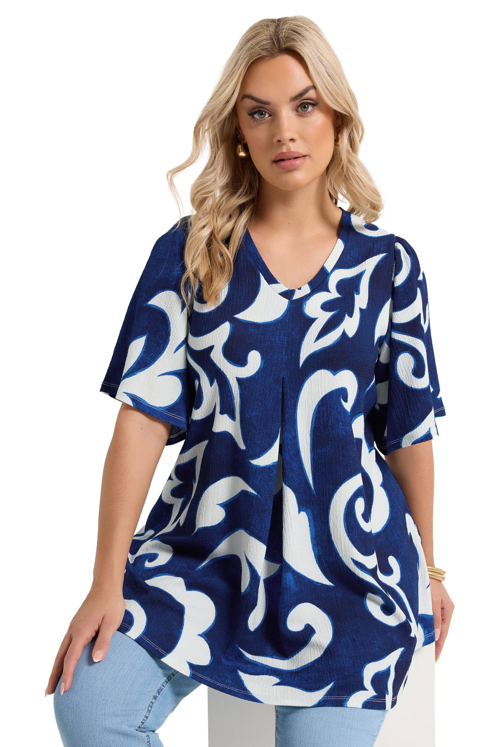Yours Curve Blue Abstract Textured Pleat Front Top - Women's - Plus Size Curve