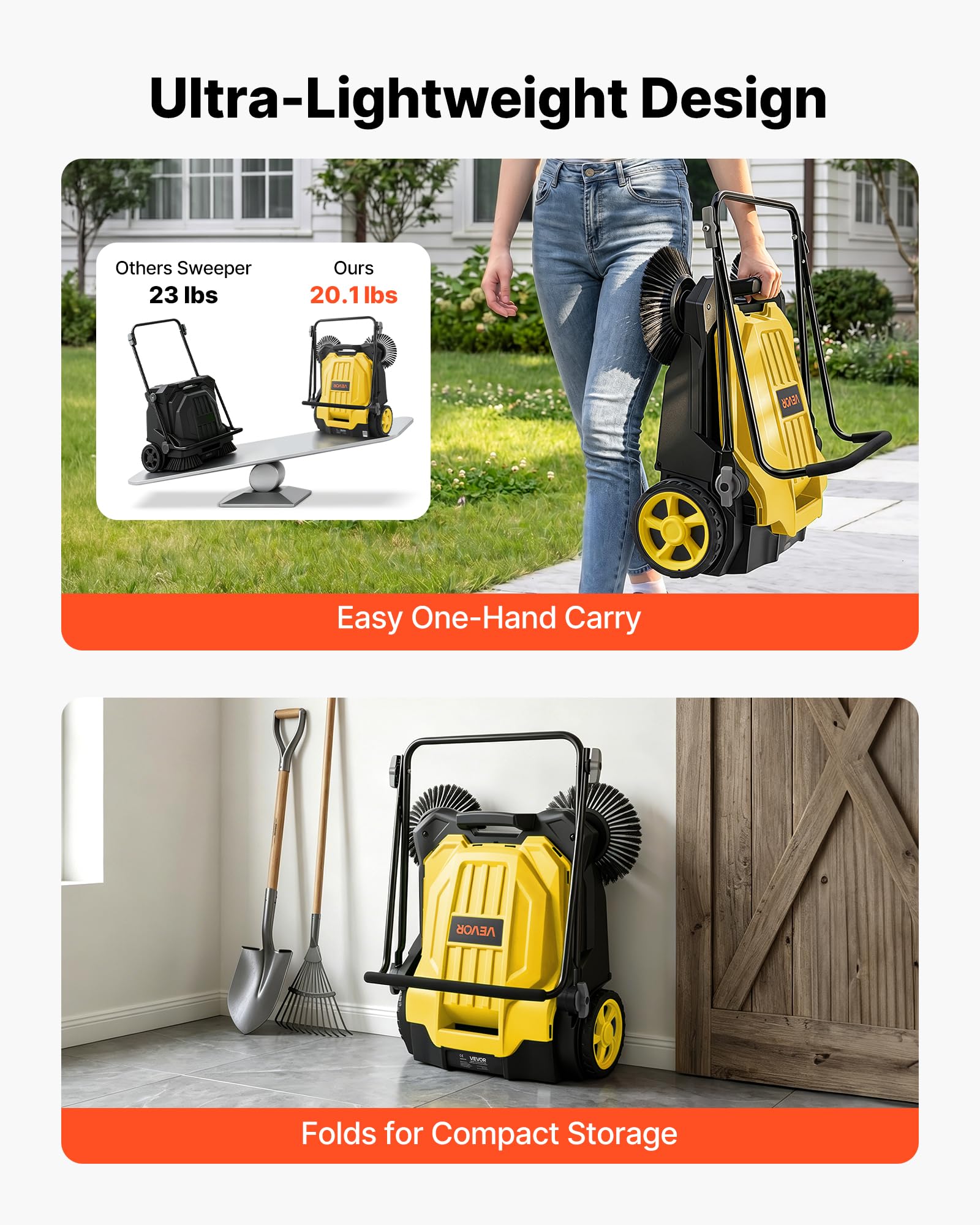 VEVOR Kehrmaschine Manuell, Handkehrmaschine mit 650 mm Arbeitsbreite, 18,9-L-Kehrbehälter & Verstellbarem Klappgriff, Bodenreinigungsmaschine für Höfe, Gehwege, Terrassen & Garagen – Gelb