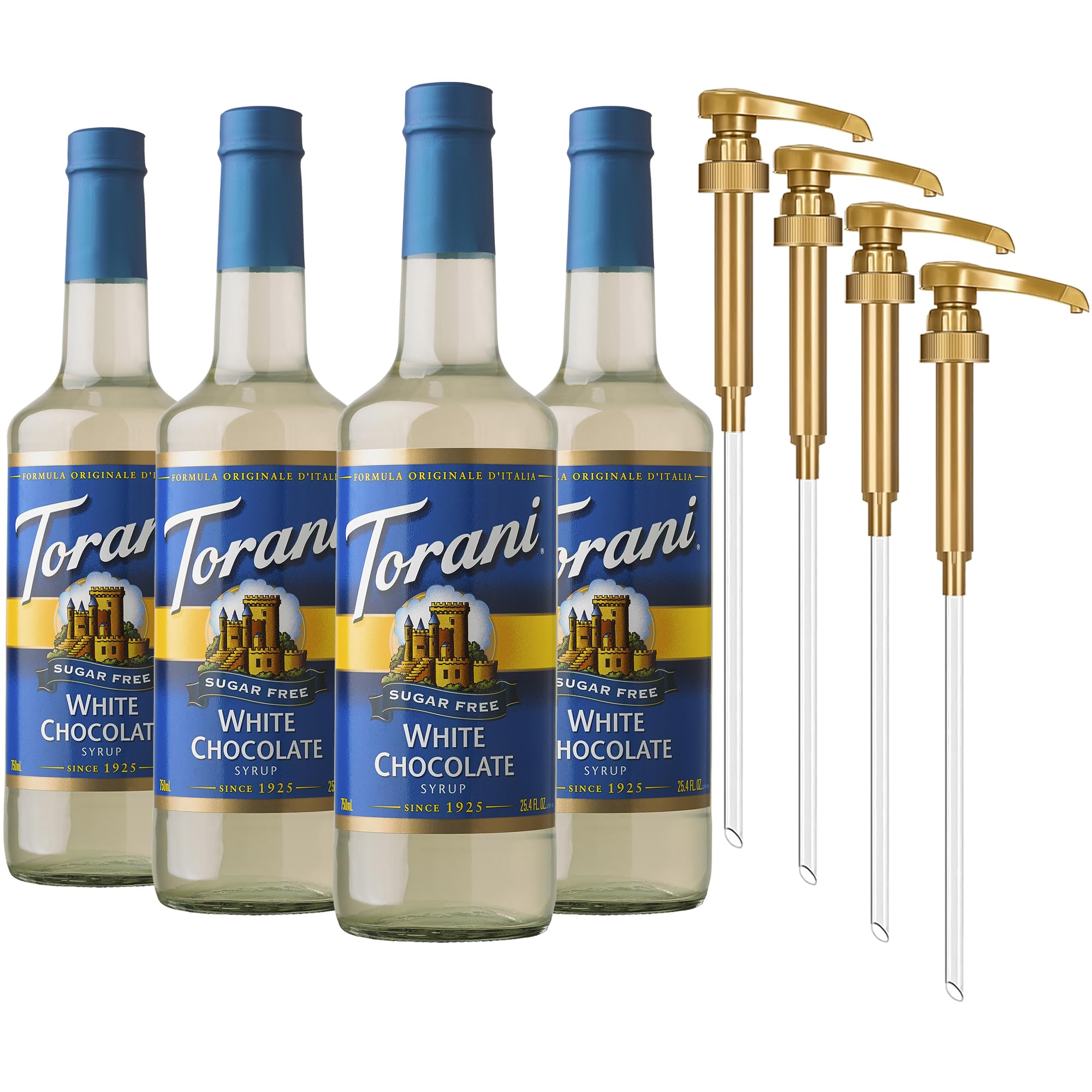 Sugar Free Coffee Syrup, White Chocolate Flavored Syrup for Drinks, Zero Calorie, Glass Bottle 4-Pack, Pumps Included, 25.4 Fl Oz Ea
