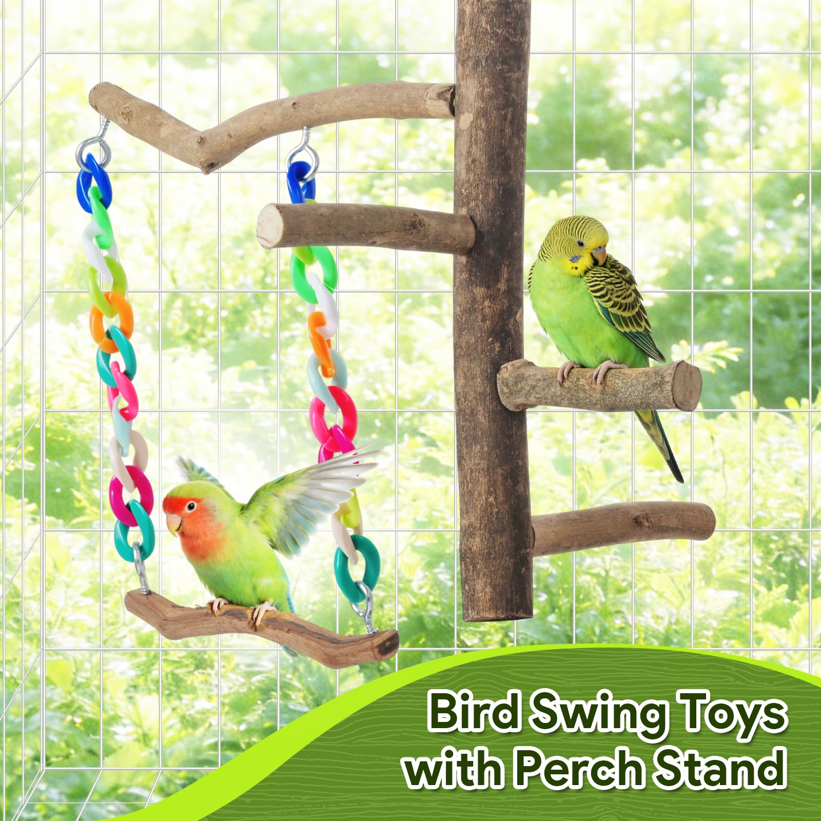 Juguetes para pájaros, juguetes de columpio para pájaros con soporte de perca, accesorios de jaula para periquitos, cacatúas y otros pájaros pequeños