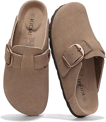 KIDMI Genuine Suede Clogs for Women Memory Foam Cork Footbed Potato Shoes Slip On Leather Mules with Big Buckle
