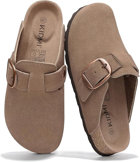 KIDMI Genuine Suede Clogs for Women Memory Foam Cork Footbed Potato Shoes Slip On Leather Mules with Big Buckle