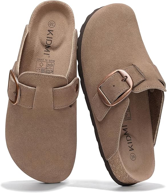 KIDMI Genuine Suede Clogs for Women Memory Foam Cork Footbed Potato Shoes Slip On Leather Mules with Big Buckle