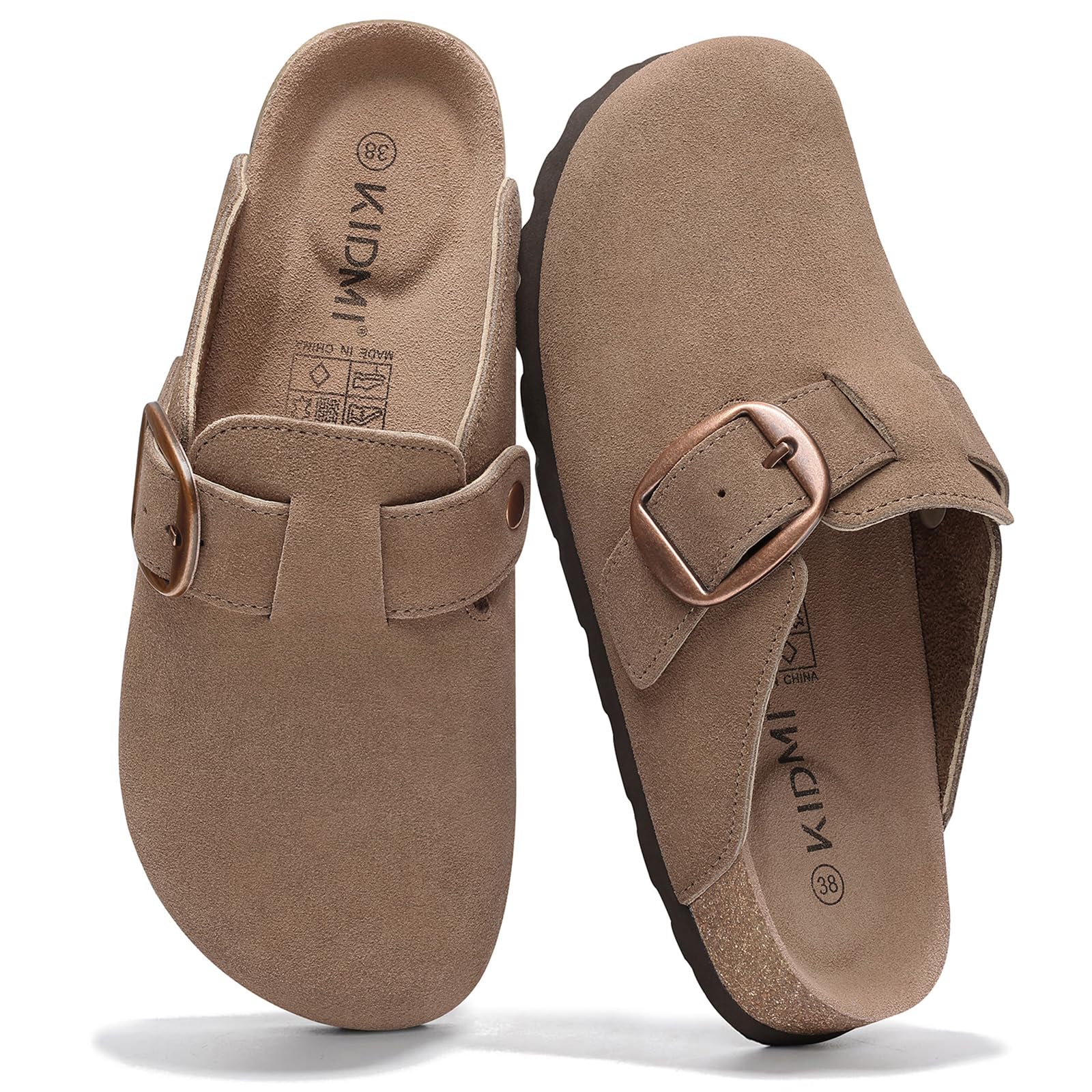 KIDMI Genuine Suede Clogs for Women Memory Foam Cork Footbed Potato Shoes Slip On Leather Mules with Big Buckle