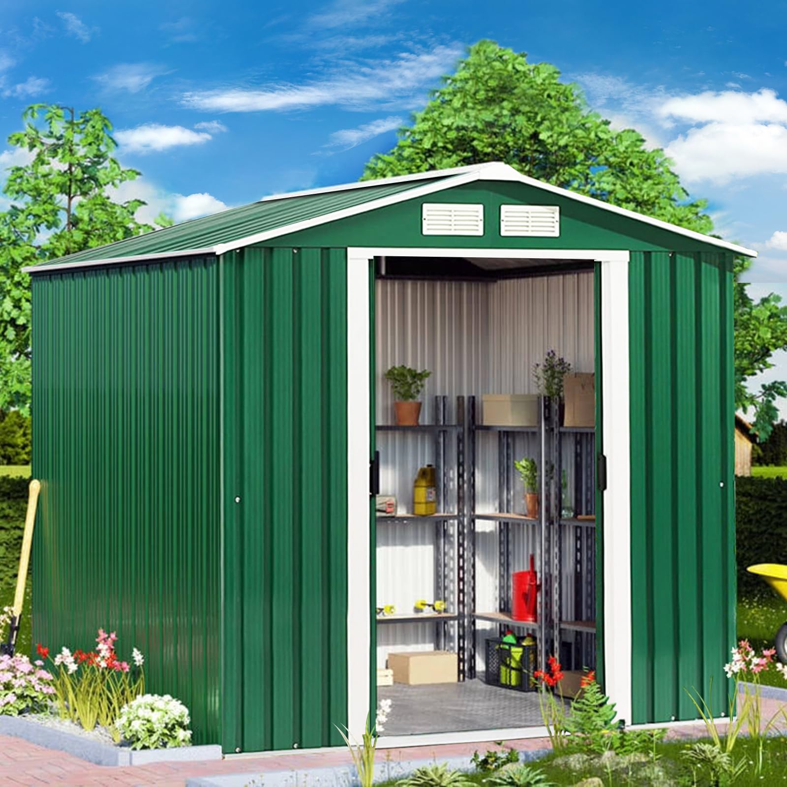 GOPLUS 4.39 m³ Cobertizo de Jardín Estanco con Puertas y Ventana, Fabricado en Metal Galvanizado,Almacenamiento para Bicicleta, Herramientas de Jardinería, 213 x 127 x 185 cm