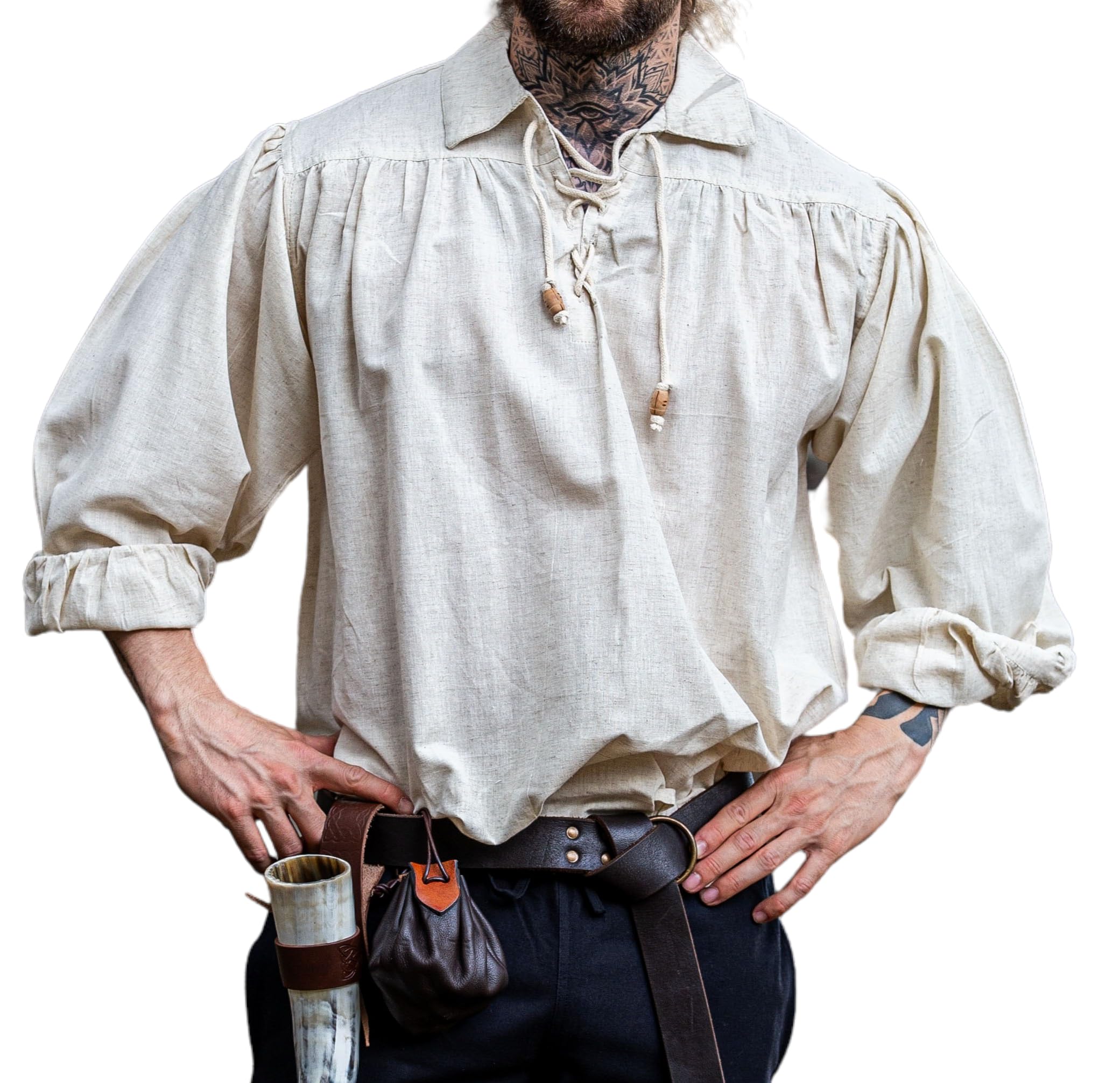 Leonardo Carbone® Koszula piracka Artur z kołnierzem - średniowieczna odzież, średniowieczna koszula męska, odzież LARP, strój festiwalowy, męski kostium pirata, koszule rekreacyjne z długim rękawem