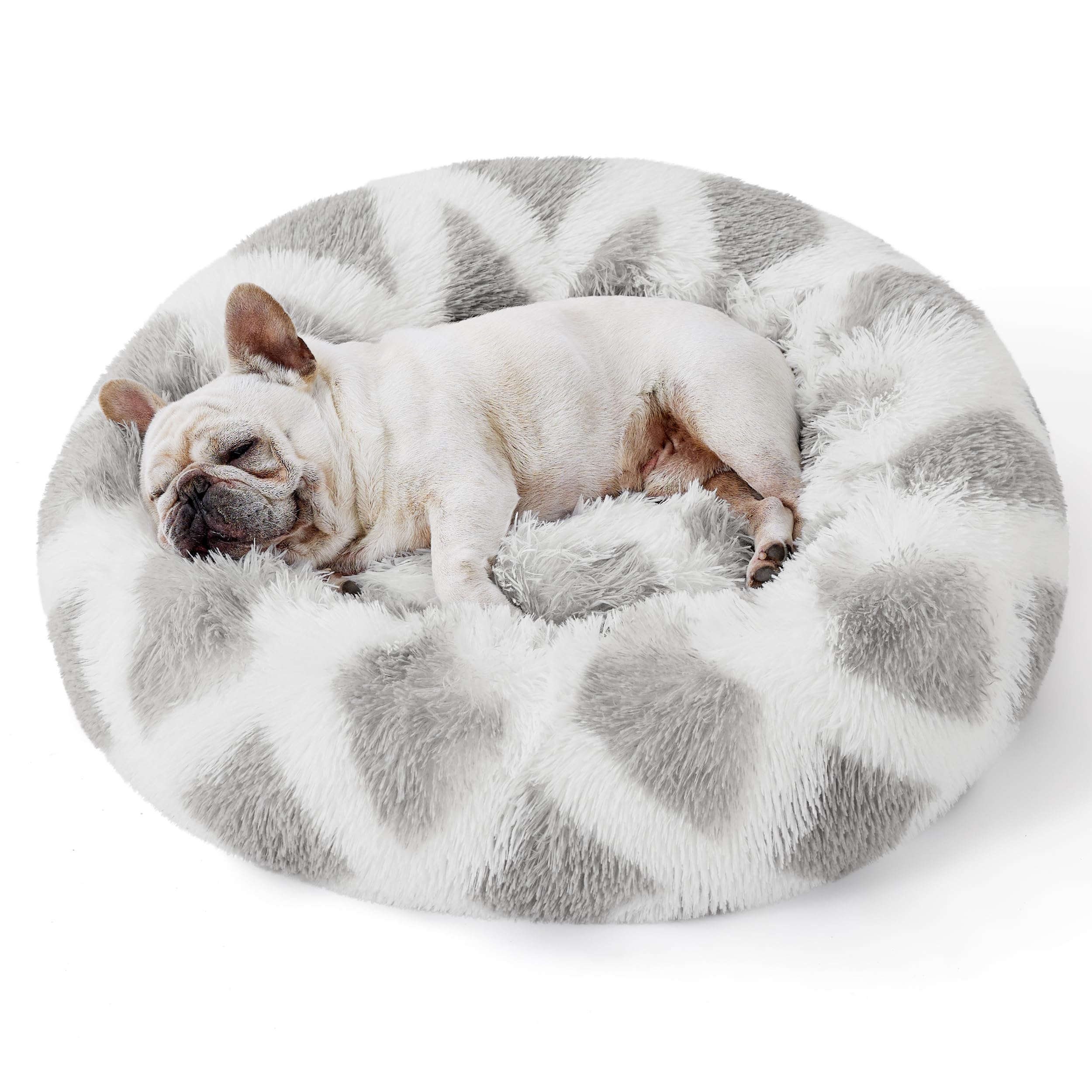 Bedsure Calming Dog Bed for Small Dogs - Donut Washable Small Pet Bed, 23 inches Anti-Slip Round Fluffy Plush Faux Fur Large Cat Bed, Fits up to 25 lbs Pets, Diamond Grey