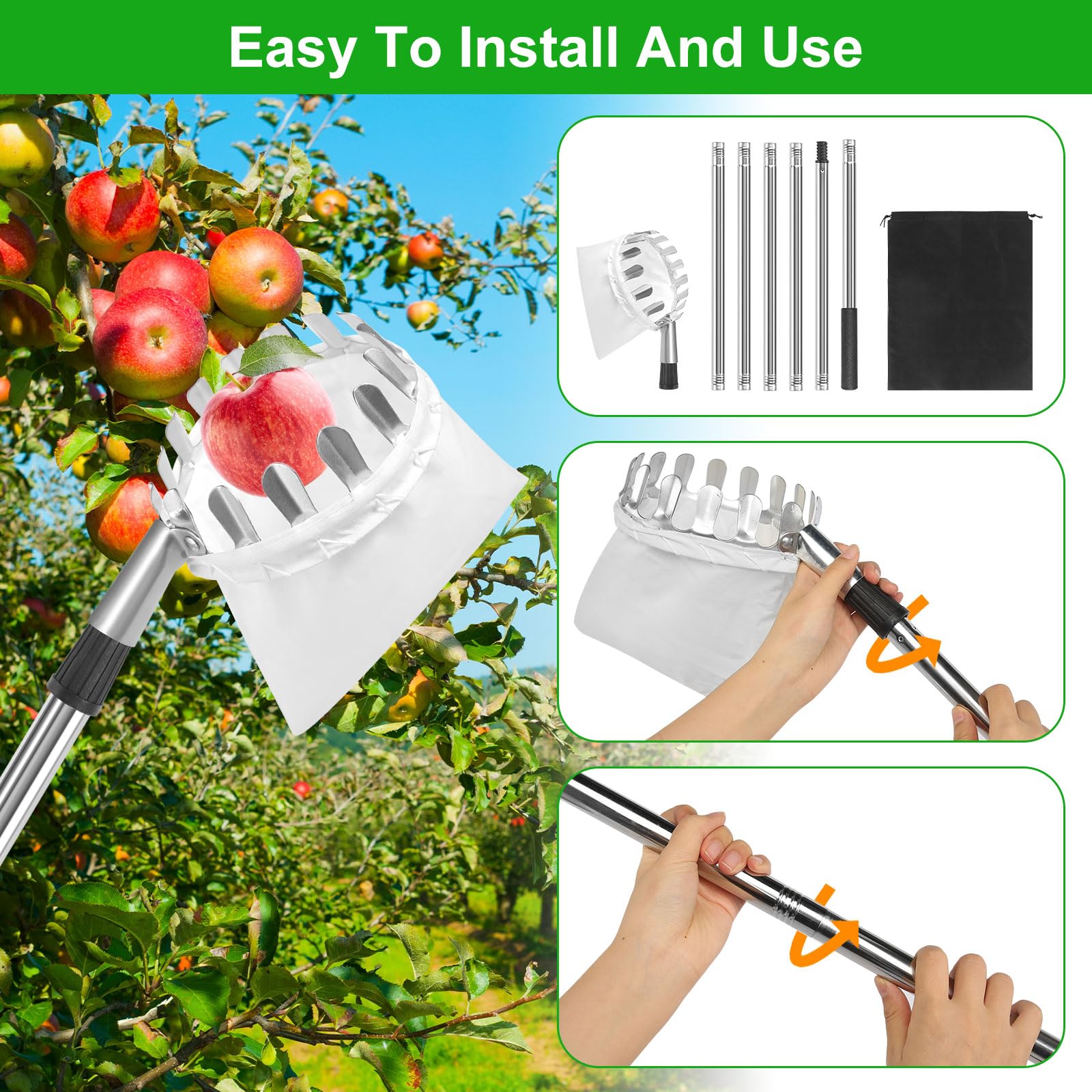 GOSHIES Cueille Fruit Télescopique 4M Cueille Fruit Cueilleur de Fruits Amovible Cueille Cerise Telescopique Ramasse Pomme pour la Cueillette des Oranges, Pêches, Cerises