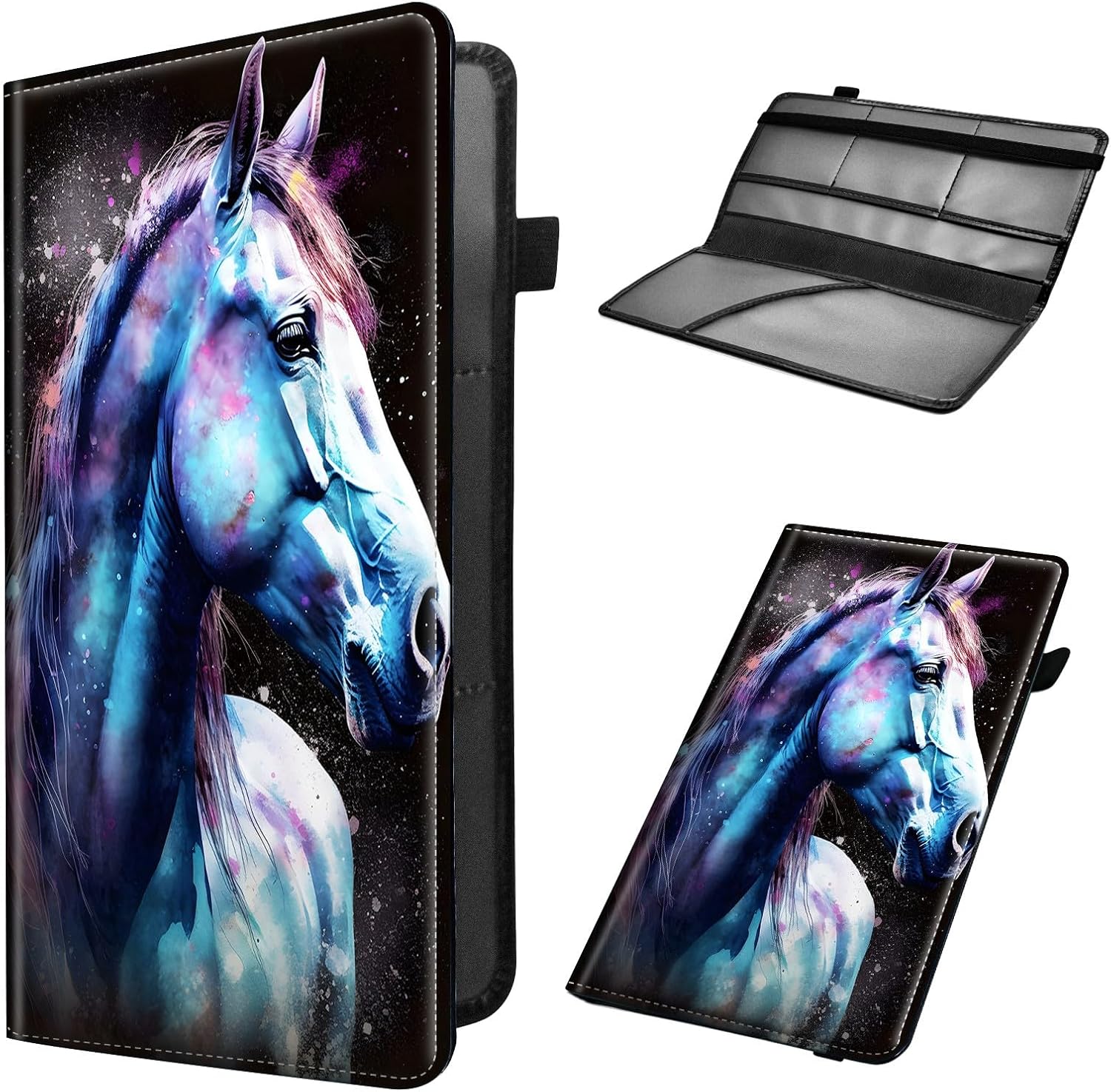 Car Registration and Insurance Holder, Leather Car Glove Box Organizer, Cool Car Accessories for ID, Driver’s License Cards & Essential Document,business cards,Men&Women,Watercolor Horses