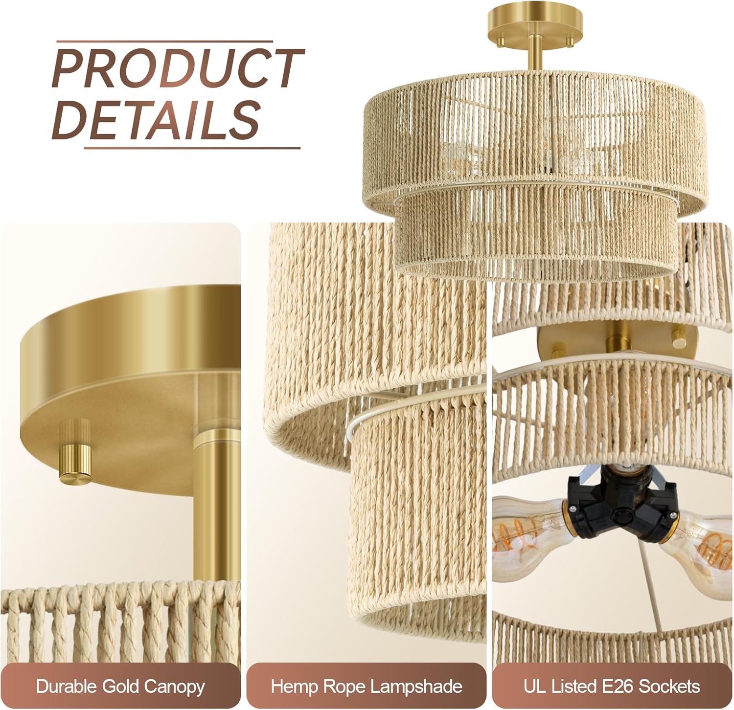 BoostArea 16.54” Boho 2-Tier Rattan Ceiling Light Fixture, Semi Flush Mount Woven Chandelier for Bedroom, Dining Room, Kitchen, Entryway, Living Room(Bulb not Included)
