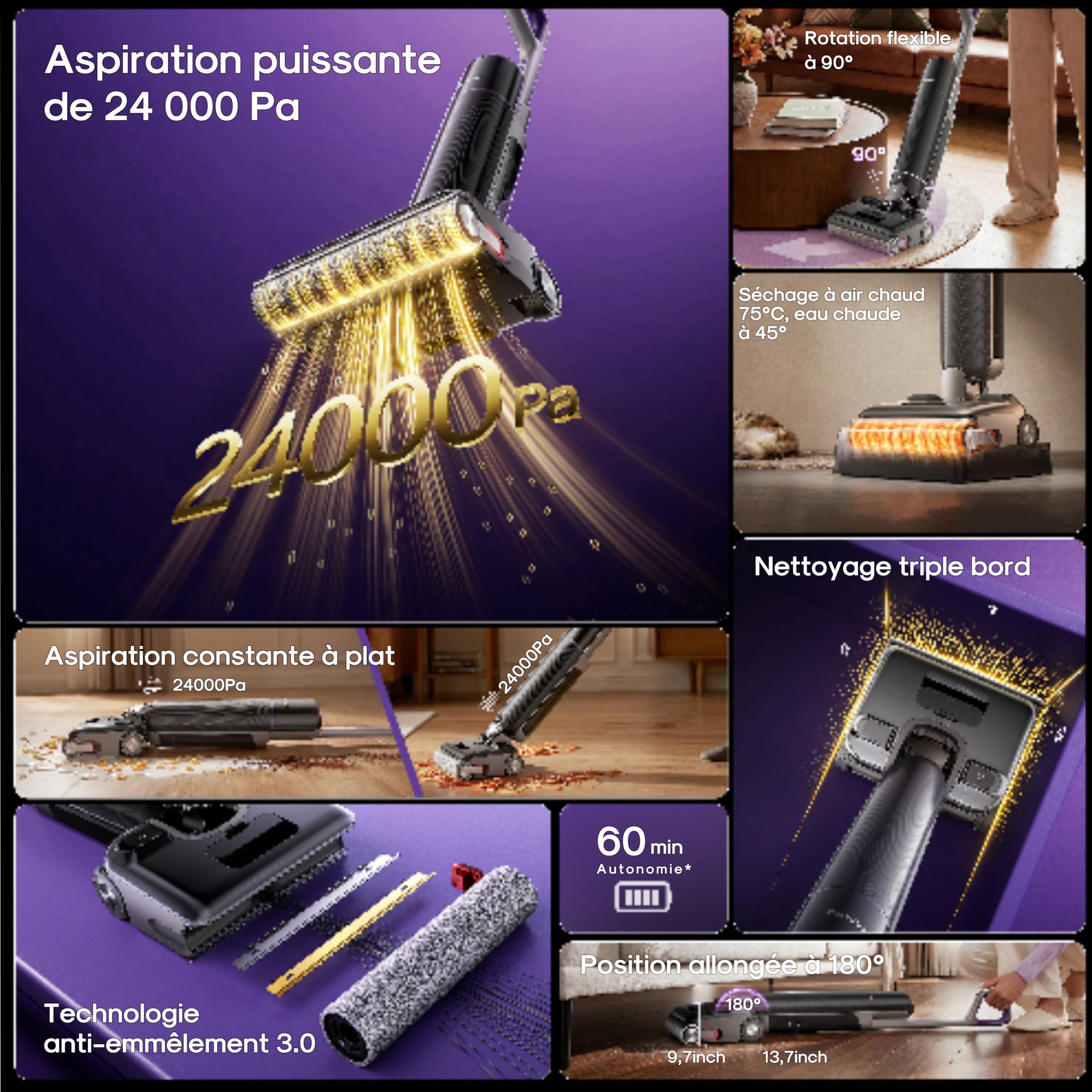 Eureka Aspirateur Laveur sans Fil, 24000Pa Aspiration, Auto-Nettoyage, séchage air Chaud 70°C, Brosse Anti-emmêlement 3.0, 180° à Plat, sols durs & Poils Animaux,Floorshine 830