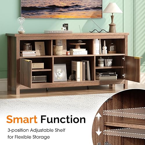 Miniatura 5 de VINGLI Soporte de TV acanalado de 58 pulgadas para televisores de hasta 70 pulgadas, moderno soporte de TV con almacenamiento y estantes ajustables,