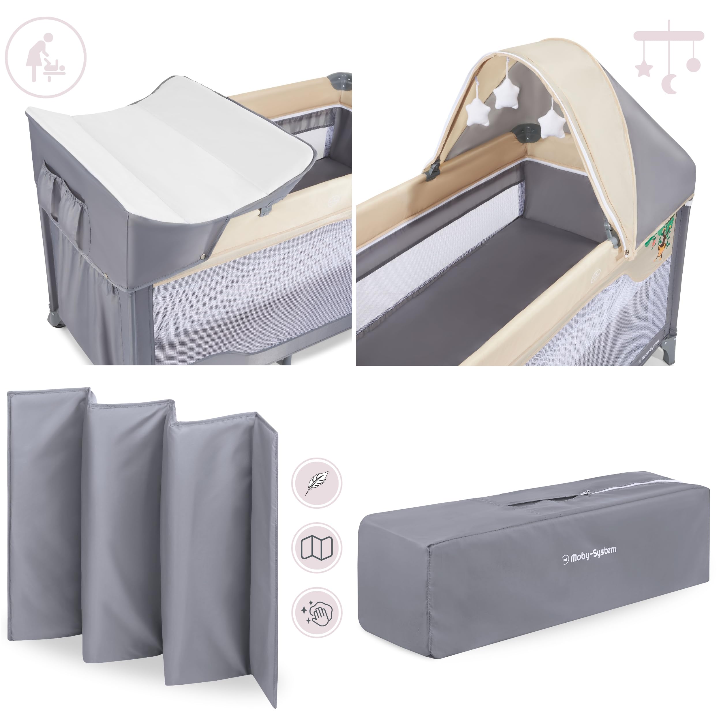 Moby-System Lettino da Viaggio 2 in 1 per Neonati e Bambini - Materasso Regolabile a 2 Livelli (0-36 mesi, Fino a 25 kg) con Zanzariera e Borsa da Trasporto