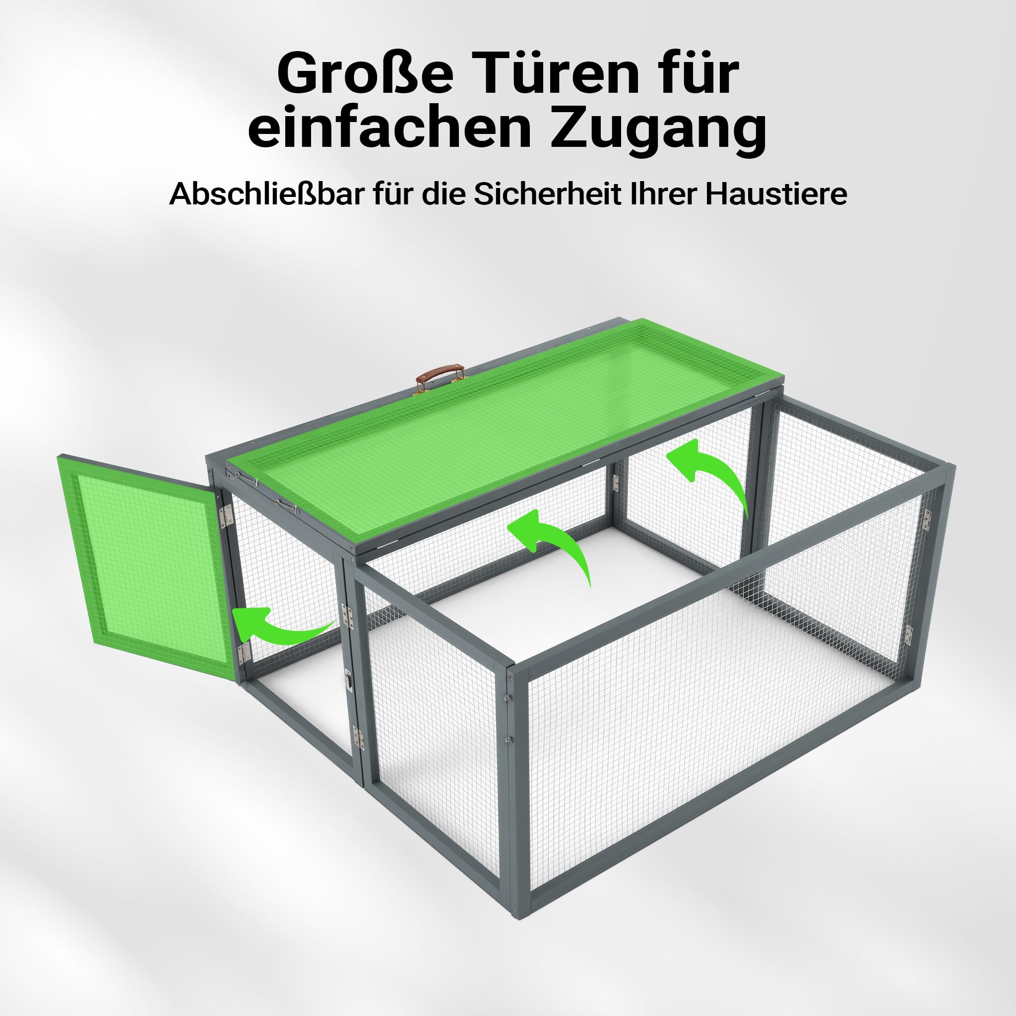 Wiltec Klappbarer Kaninchenstall Grau 109 x 93 x 54 cm, Hasenstall aus Tannenholz mit Drahtgitter, Kleintierstall Freigehege mit Tragegriff