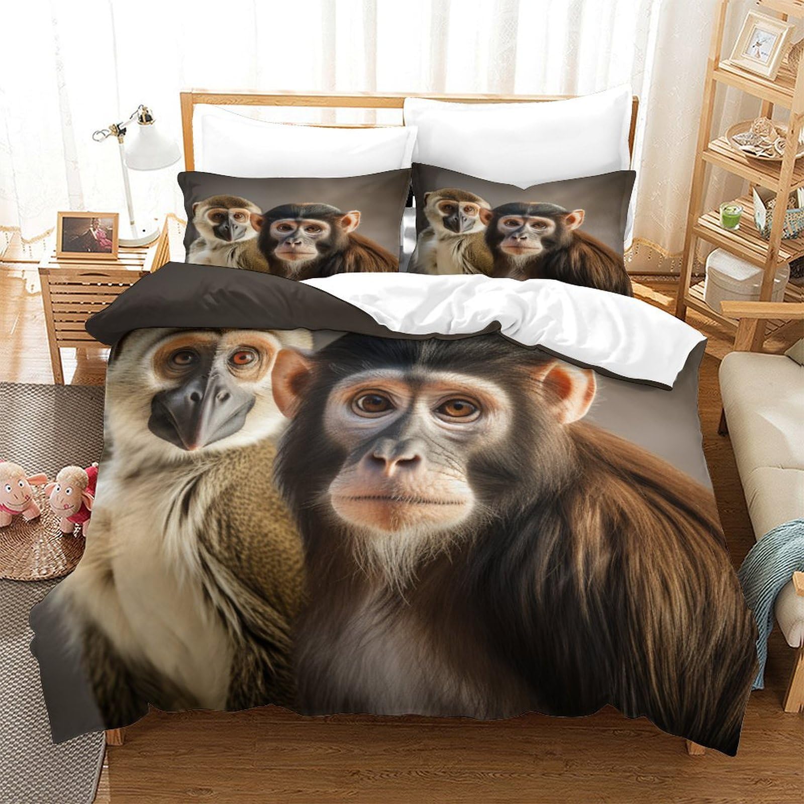 P1S9U7W5Y Lifelike 3D Printed Monkey Pattern 3 Piece Microfiber Duvet Cover Set for Adults Animal Style Bedding Set for Bedroom Decor Double（200x200cm）