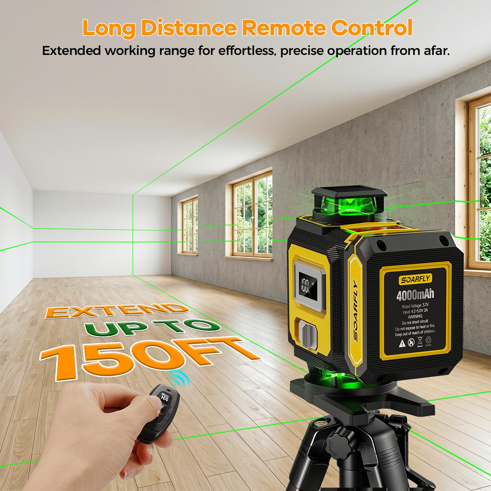 SOARFLY Niveau Laser 4D avec Trépied, Niveau Laser Vert Autonivelant Croix à 4×360°, 2 Batteries 4000mAh, Télécommande, Support Magnétique, pour Carrelage, Construction et Rénovation Intérieure