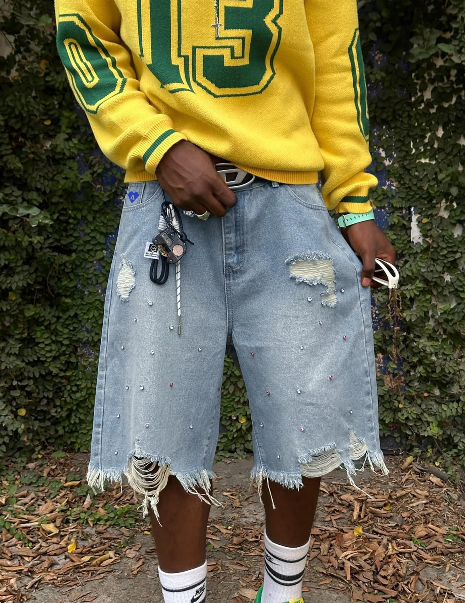 Aelfric Eden Damen Jeans Shorts Herren Baggy Jorts Unisex Rhinestone Jeansshorts Sommer Weites Bein Denim Kurze Hosen Y2K Streetwear