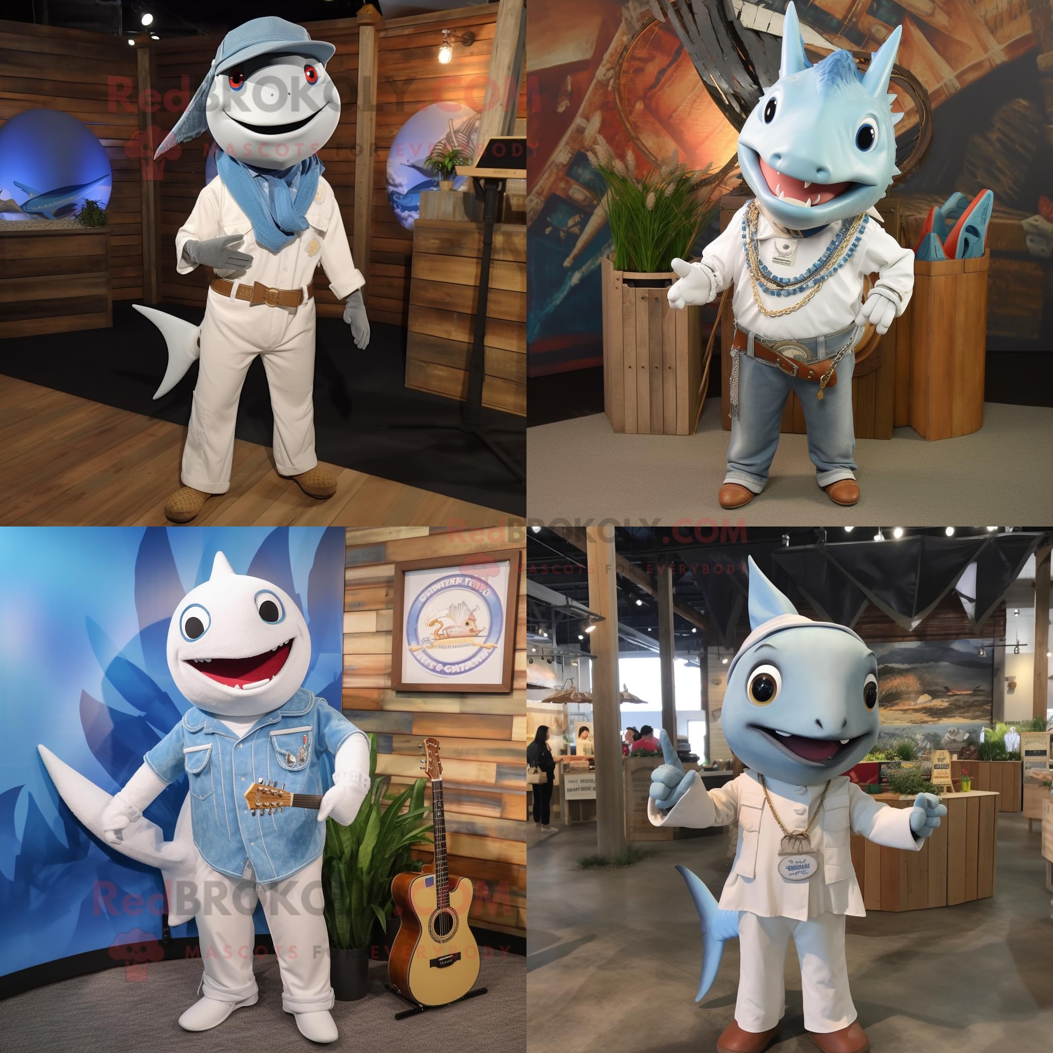 Weißes Schwertfisch-Maskottchen-Kostüm, gekleidet mit Chambray-Hemd und Halsketten