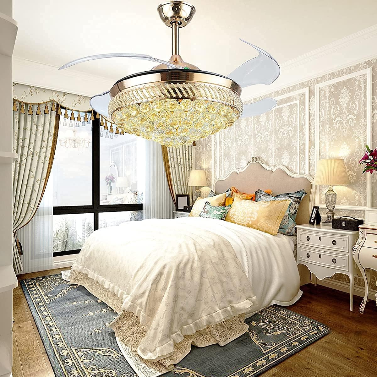 Buу 2 gеt 3 42 Crystal Ceiling Fan Chandelier Fandelier Ceiling Fan with Light Retractable Blade 3 Lighting and 3 Speed Remote Modern Ceiling fan Light Kit for Dining Room/Bedroom/Living Room