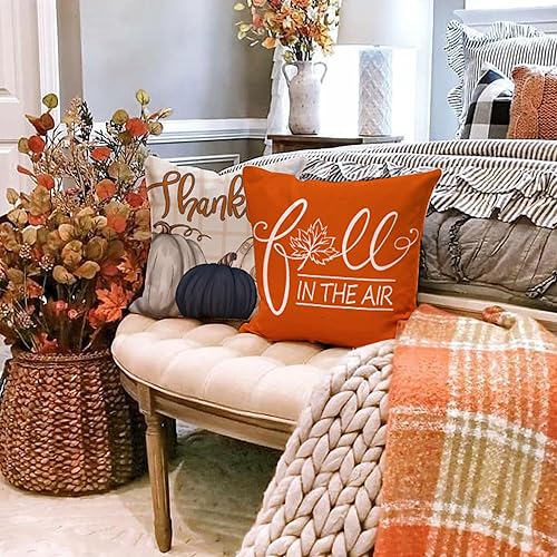 Miniatura 4 de DFXSZ Juego de 4 fundas de almohada de otoño de 20 x 20 pulgadas, diseño de calabaza azul otoñal, decoración de Acción de Gracias para el hogar,